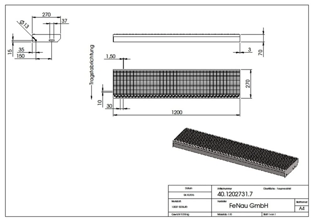Fenau – 1200 x 270 mm - Gitterrost-Stufe (R11) XSL, MW: 30/10 mm, verzinkt, Stahl-Treppenstufe nach DIN-Norm, Fluchttreppen geeignet, Anti-Rutsch-Wirkung