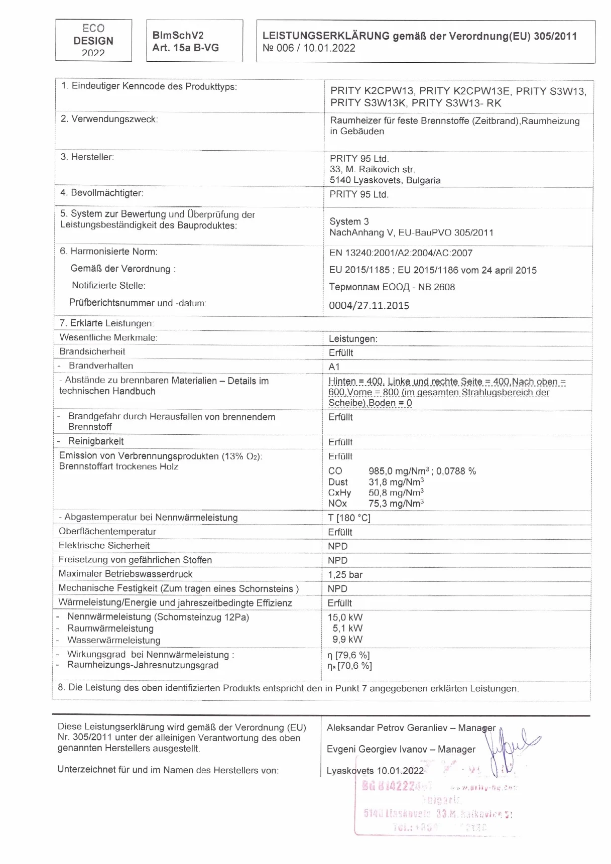 Holzofen für Zentralheizungssystem Prity S3 W13 mit Integralkessel