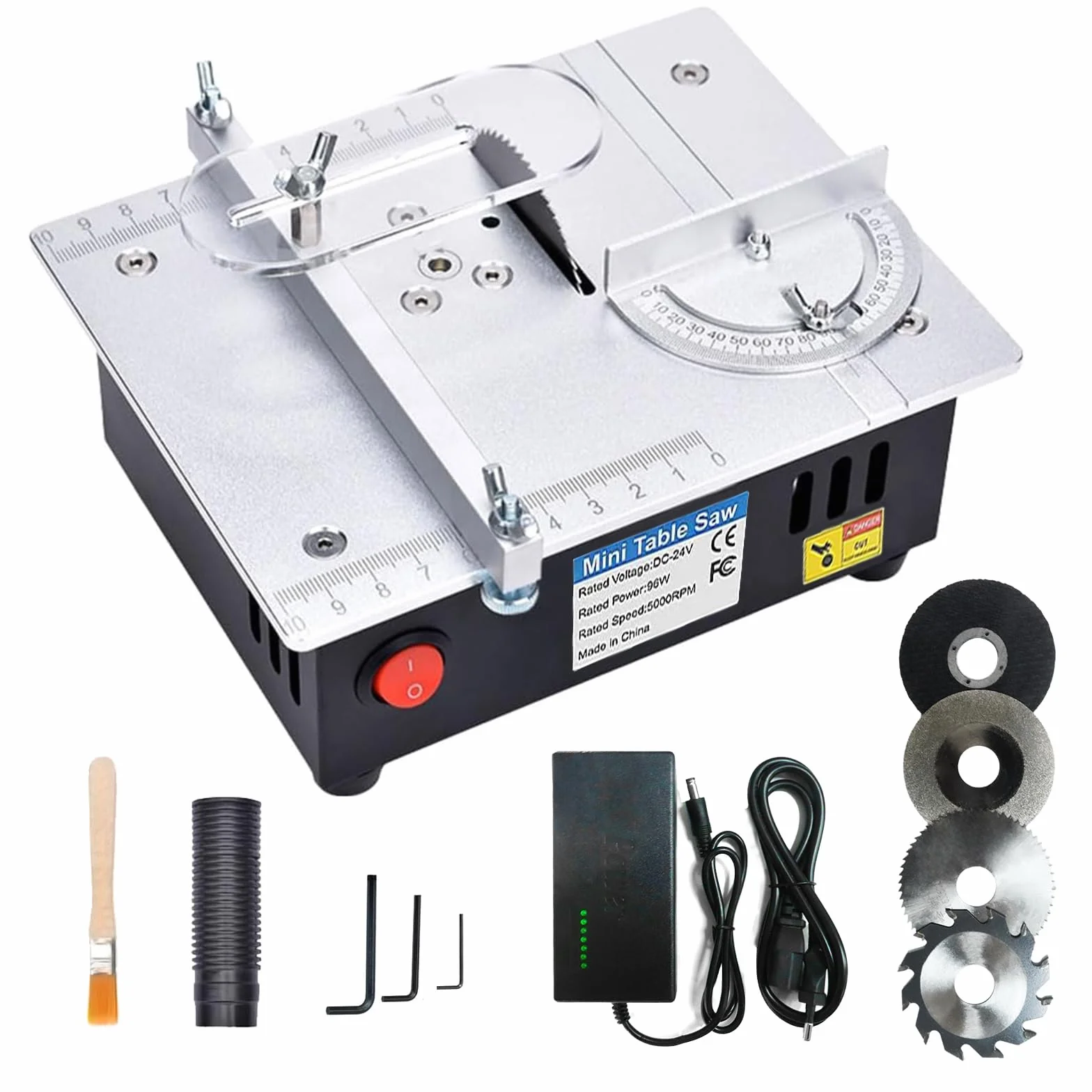 Tischkreisäge mit 4 Klingen, 7-Gang-Netzteil Einstellbarer, Tischkreissäge Klein Tragbare Präzisions, Table Saw Blade 0,1-15mm Sägeblatt Hönverstellbarer, Mini Tischkreisäge für DIY-Holz