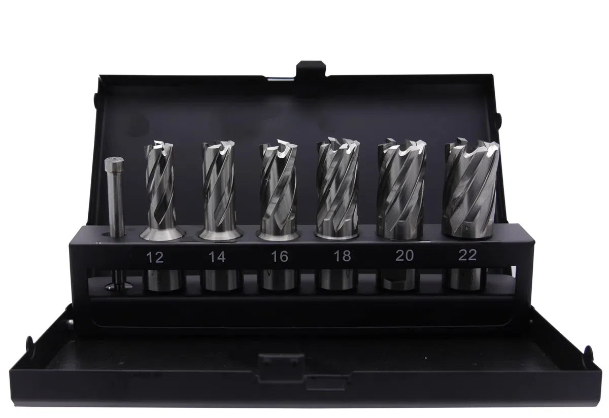 SMI HSS-E Kernbohrer SET 7 teilig 19 Weldon bestehend aus Kernbohrer 12, 14, 16, 18, 20, 22 und Zentrierbohrer Schnittiefe 30 mm