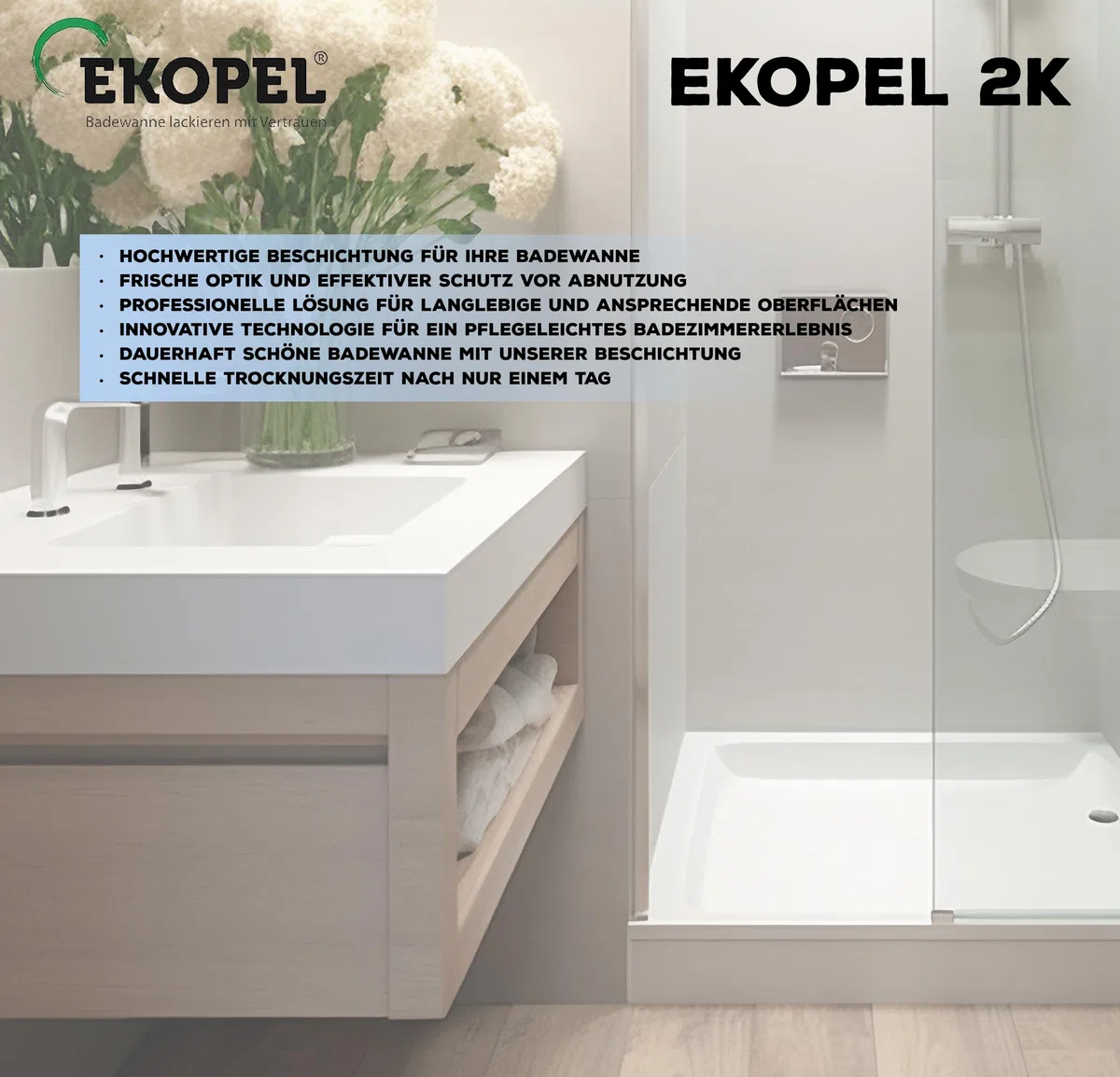 EKOPEL 2K Optimum Wasserfeste Farbe für Dusche | 24 St Härtungszeit| Badewannenlack weiß Set | Badewannen Beschichtung aus Emaille Lack | dicke Badewannenfarbe | Duschwanne bis 90x90 cm…
