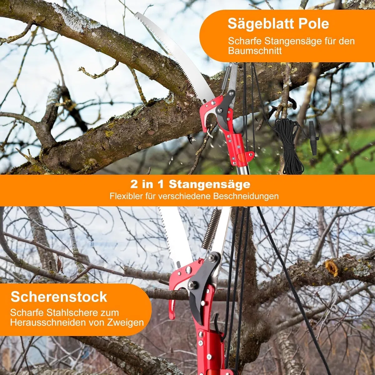 2-in-1 Teleskop-Astschneider & Astsäge 9 m, Profi Gartenschere mit 65Mn Stahlklinge, ausziehbarer Hochentaster für Obstbäume, Palmen & Gartenarbeiten, inkl. Zubehör & Tasche