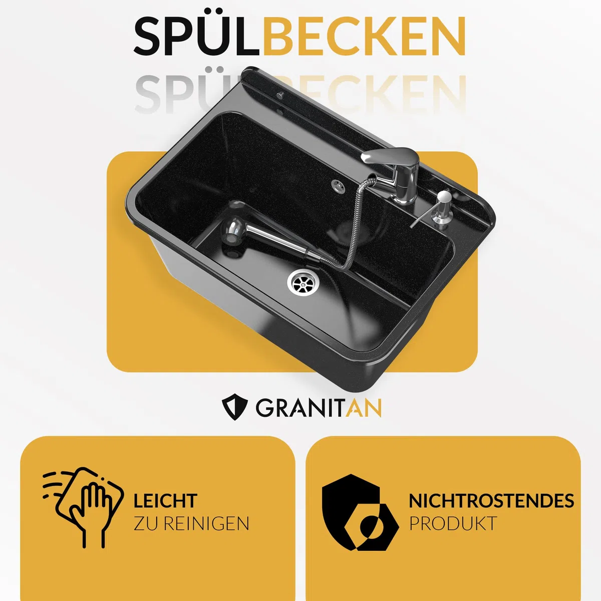 Granitan Ausgussbecken für Garage Keller Werkstatt - Universal Waschtrog mit Siphon - Waschbecken Wandmontage aus Polypropylen - 61x41x30 cm (Weiß + BETA Waschtischbatterie)