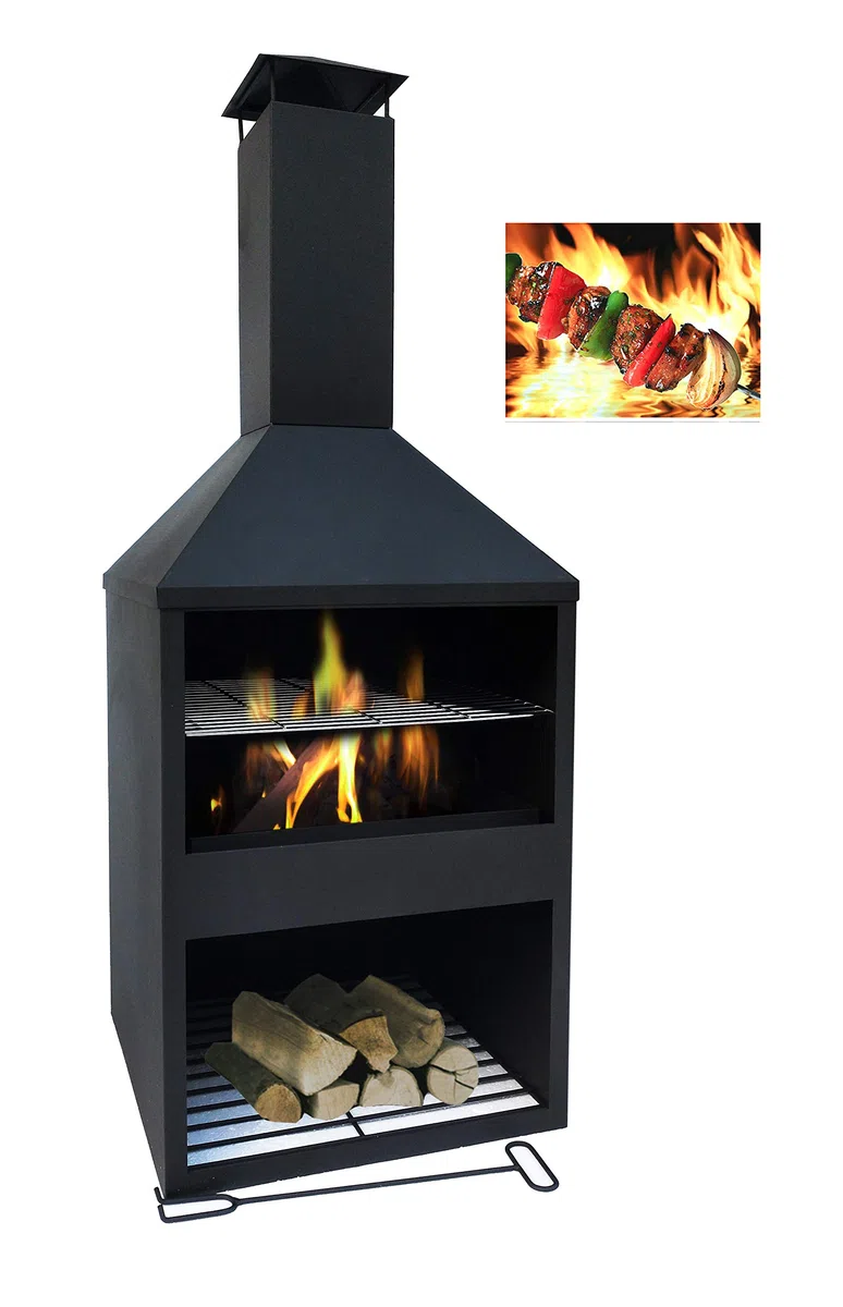 MaxxGarden Helios Garten Kamin - Terrassenkamin - Outdoor Gartenkamin - Terrassenofen - Mit Holz Ablageort - Mit Schornstein - zum Entspannen - 118 x 45 cm - Schwarz