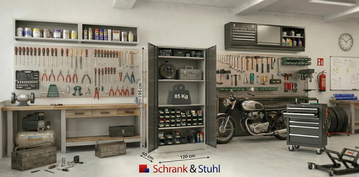 Schrank & Stuhl Werkzeugschrank Koloss – Werkstattschrank mit 4 höhenverstellbaren Fachböden, Stahlschrank für Werkzeuge, 195 x 120 x 60 cm (H x B x T), Grau/Anthrazit