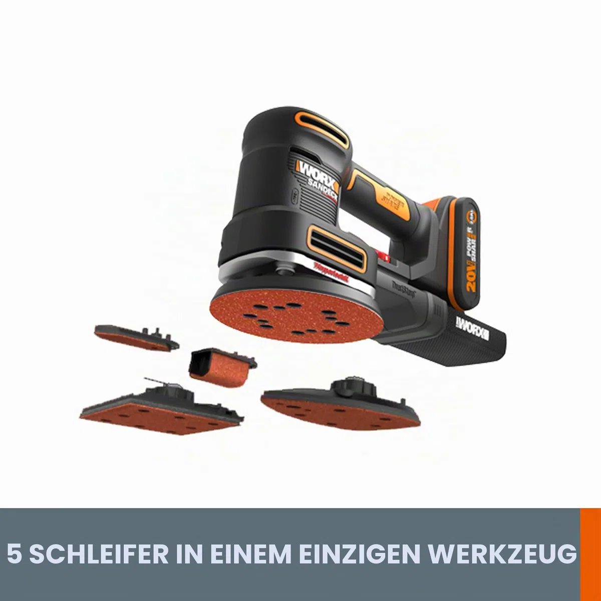 WORX WX820.9 Akku-Multischleifer – 5-in-1 Funktionen: Exzenter-, Fein-, Detail-, Konturen-, und Fingerschleifer – variable Geschwindigkeit – PowerShare kompatibel – Ohne Akku & Ladegerät, Schwarz