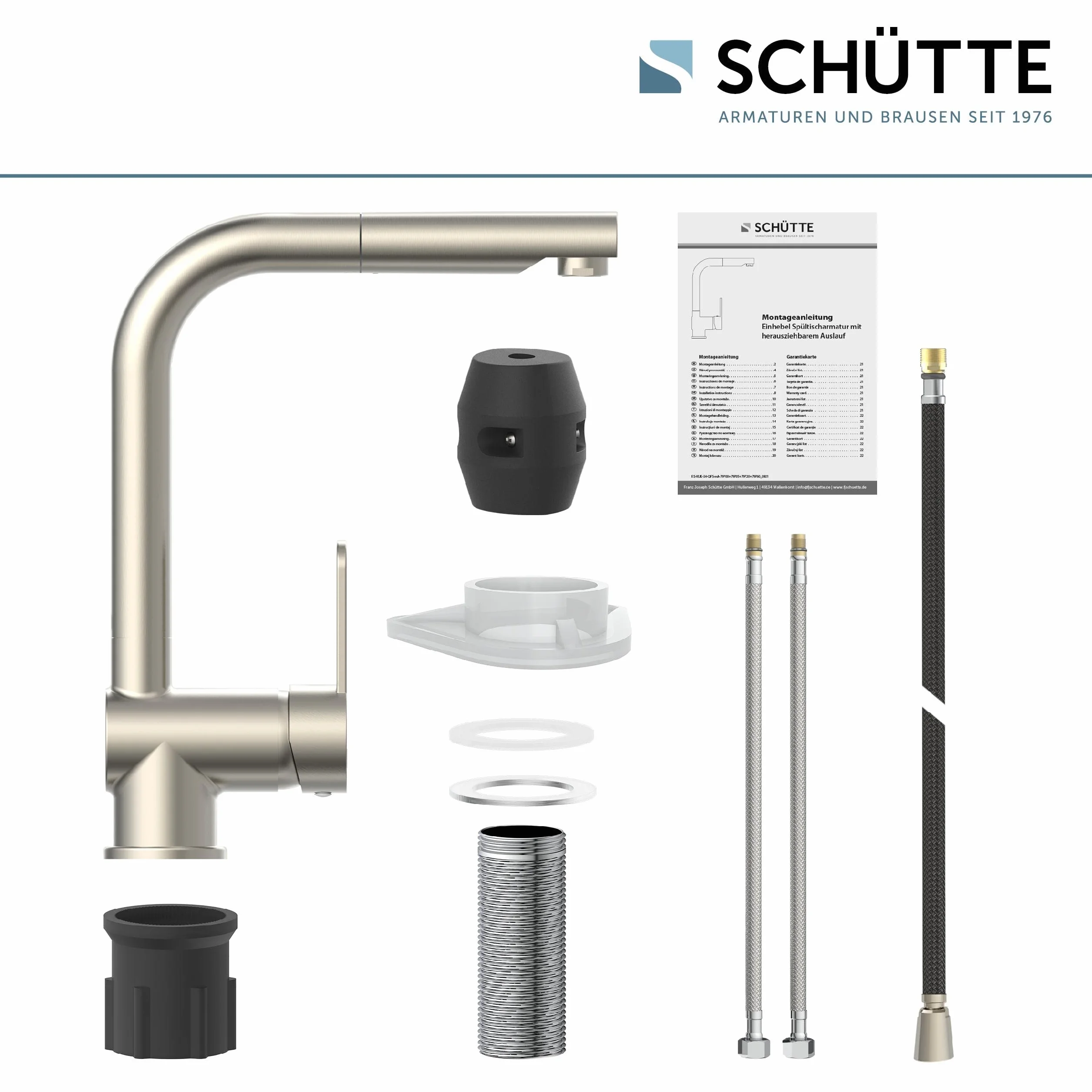 SCHÜTTE LONDON Küchenarmatur mit ausziehbarer Geschirrbrause, 360 Grad schwenkbarer Wasserhahn für die Küche, Mischbatterie mit Einhebelmischer, Spültischarmatur Edelstahloptik, Edelstahl, 29,8 cm