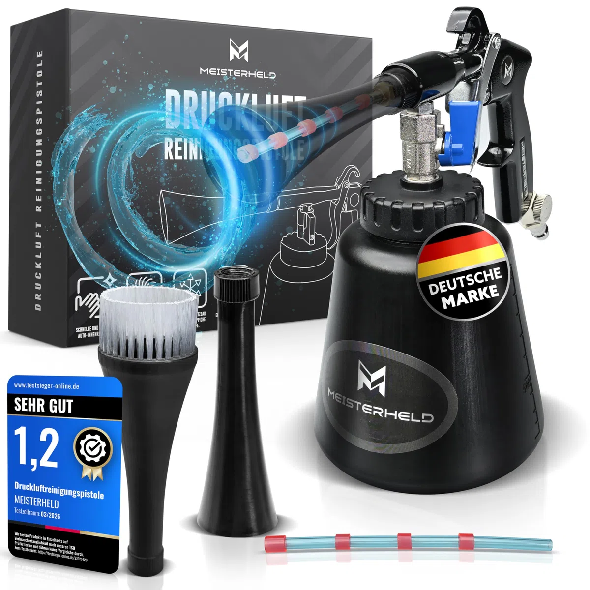 Druckluftreinigungspistole - präziser Trocken- & Nass-Reiniger für Auto, Teppich & Co - Luftdruckpistole mit Wassertank, Bürsten-Aufsatz & Dosierventile
