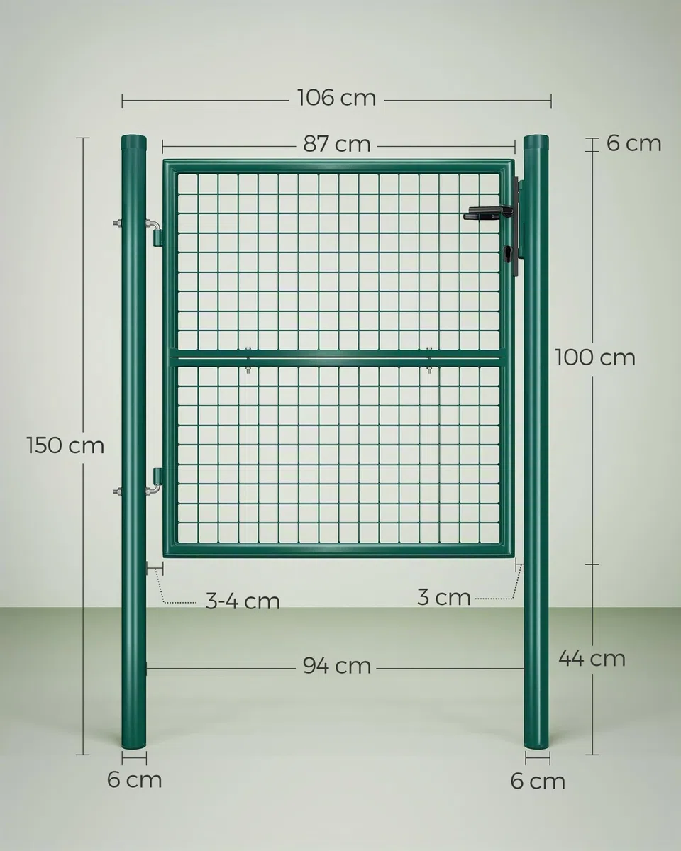 SONGMICS Gartentor, Gartentür, verzinkter Stahl, robust und langlebig, abschließbar, rundes Rohr, Tür 87 x 100 cm, 106 x 100 cm (B x H), grün GGD150G01