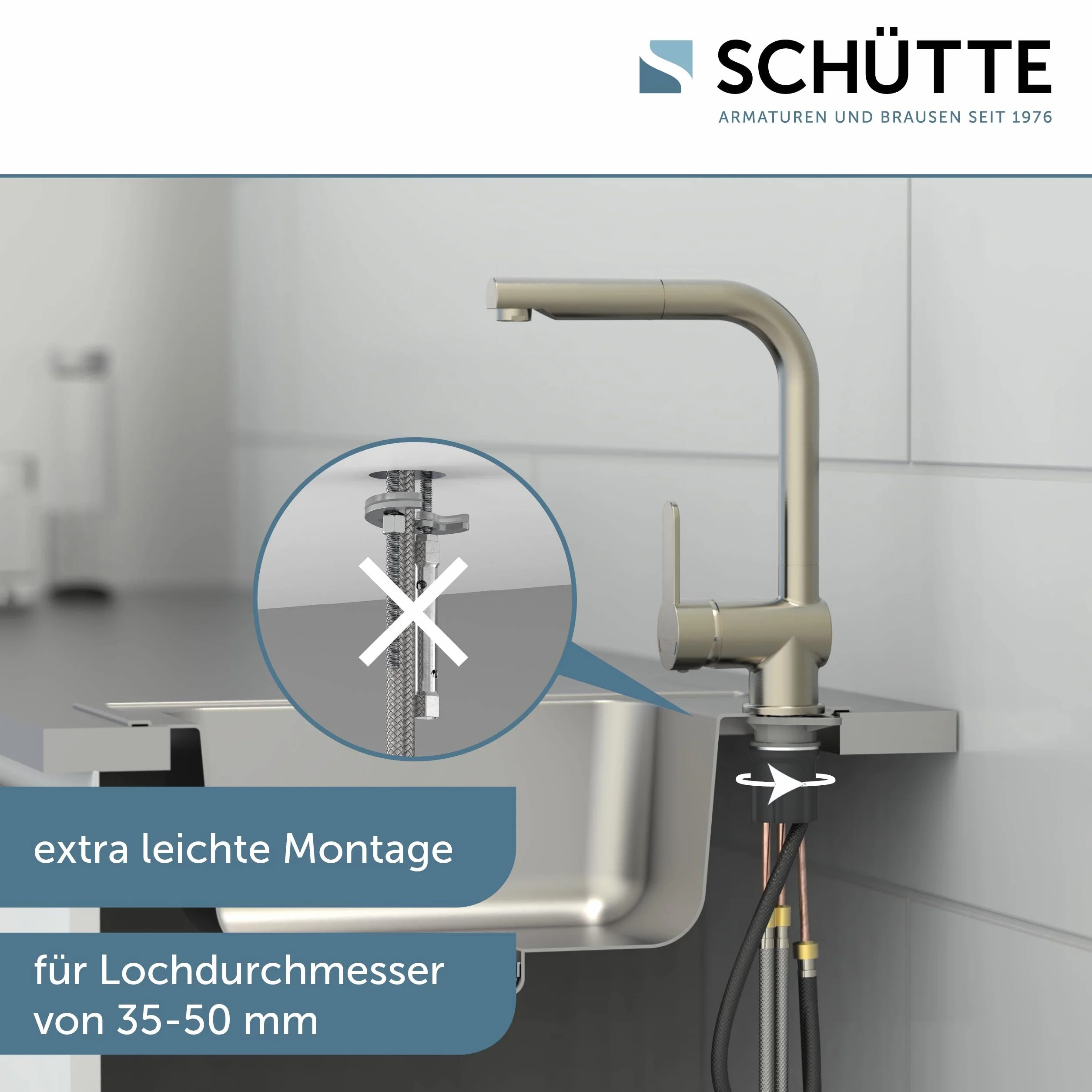 SCHÜTTE LONDON Küchenarmatur mit ausziehbarer Geschirrbrause, 360 Grad schwenkbarer Wasserhahn für die Küche, Mischbatterie mit Einhebelmischer, Spültischarmatur Edelstahloptik, Edelstahl, 29,8 cm