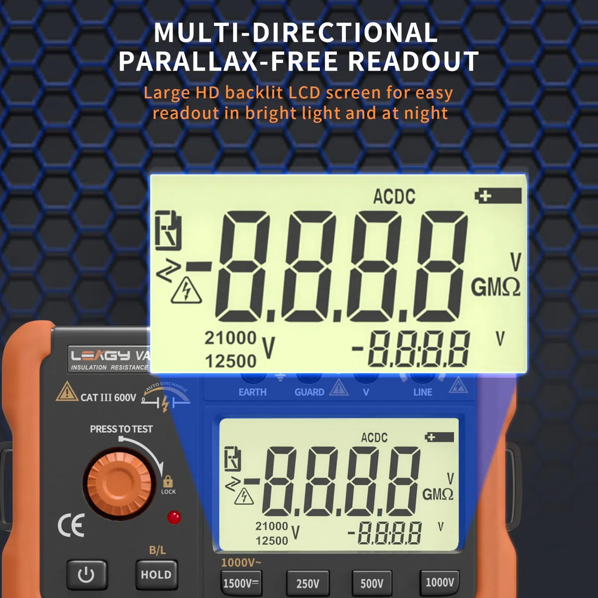 LEAGY VAD78 Digitales Isolationswiderstandsmessgerät - Präzisions-Megohmmeter für Gleich-/Wechselspannungsprüfung (20-1500V, 20-750V) und Widerstandsmessung (0-5000 Megohm)