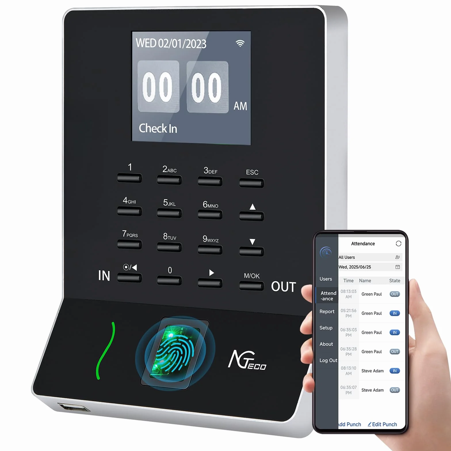 NGTeco Fingerabdruck-Zeiterfassung für Kleinbetriebe, automatische Berechnung der Arbeitsstunden, Mit kostenloser APP Zeiterfassungssystem W2 Deutsch