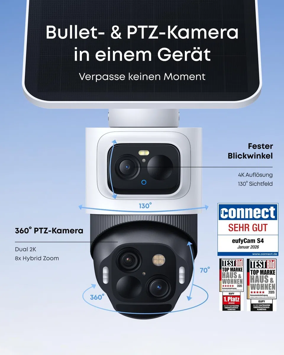 eufyCam S4 4‑Kamera‑Set, Überwachungskamera Außen, Farbnachtsicht, 4K UHD | 360° Multi‑Kamera‑Tracking, Auto‑Tracking, 16TB lokaler Speicher, 3‑Linsen Bullet‑PTZ‑Kamera, 8× Hybridzoom
