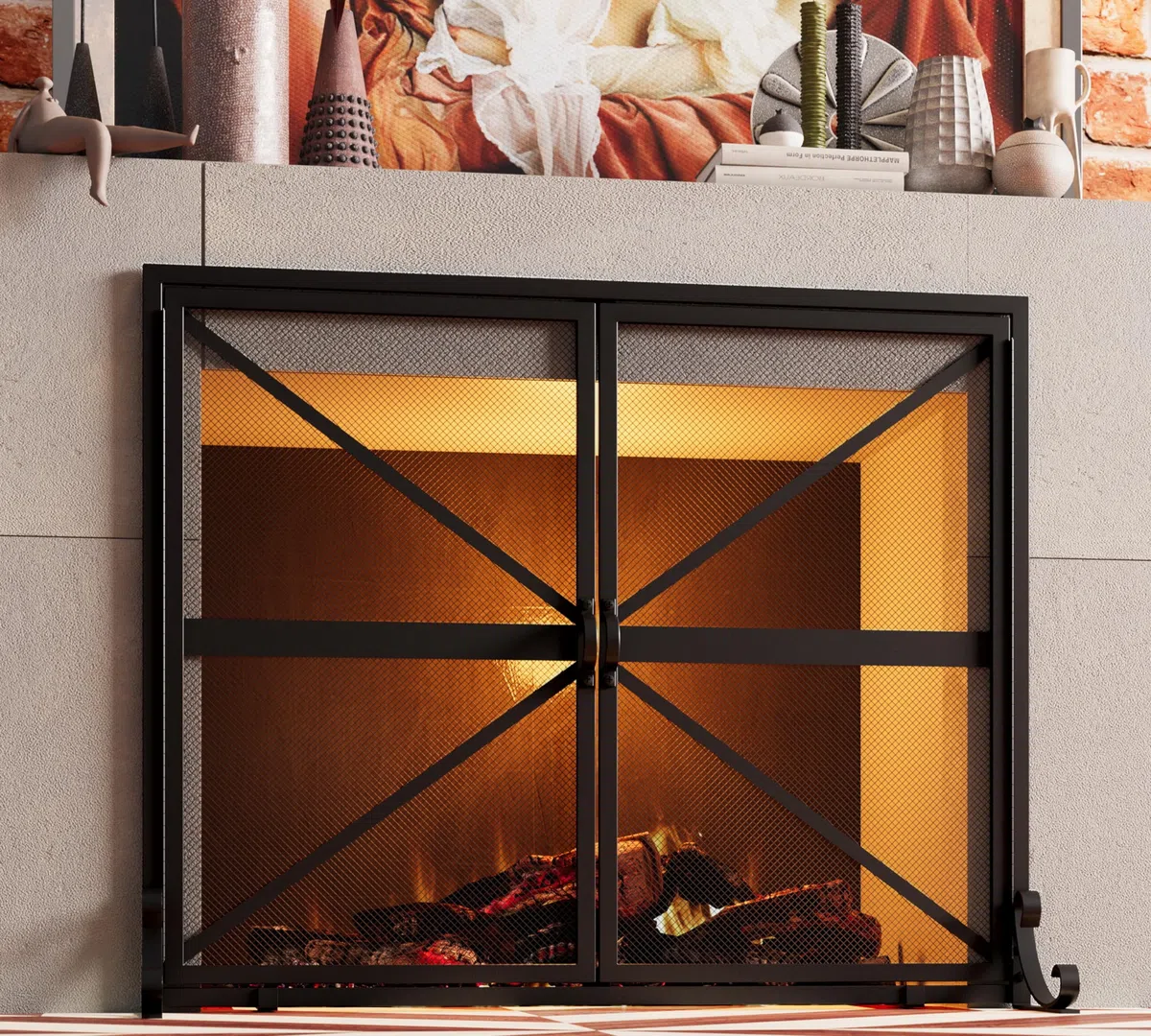 Fire Beauty Kaminschutz mit Türen, 2-teilig, handgefertigt, massives Schmiedeeisen, dekoratives Netz, babysicher, Kaminholz-Ofenzubehör (schwarz)