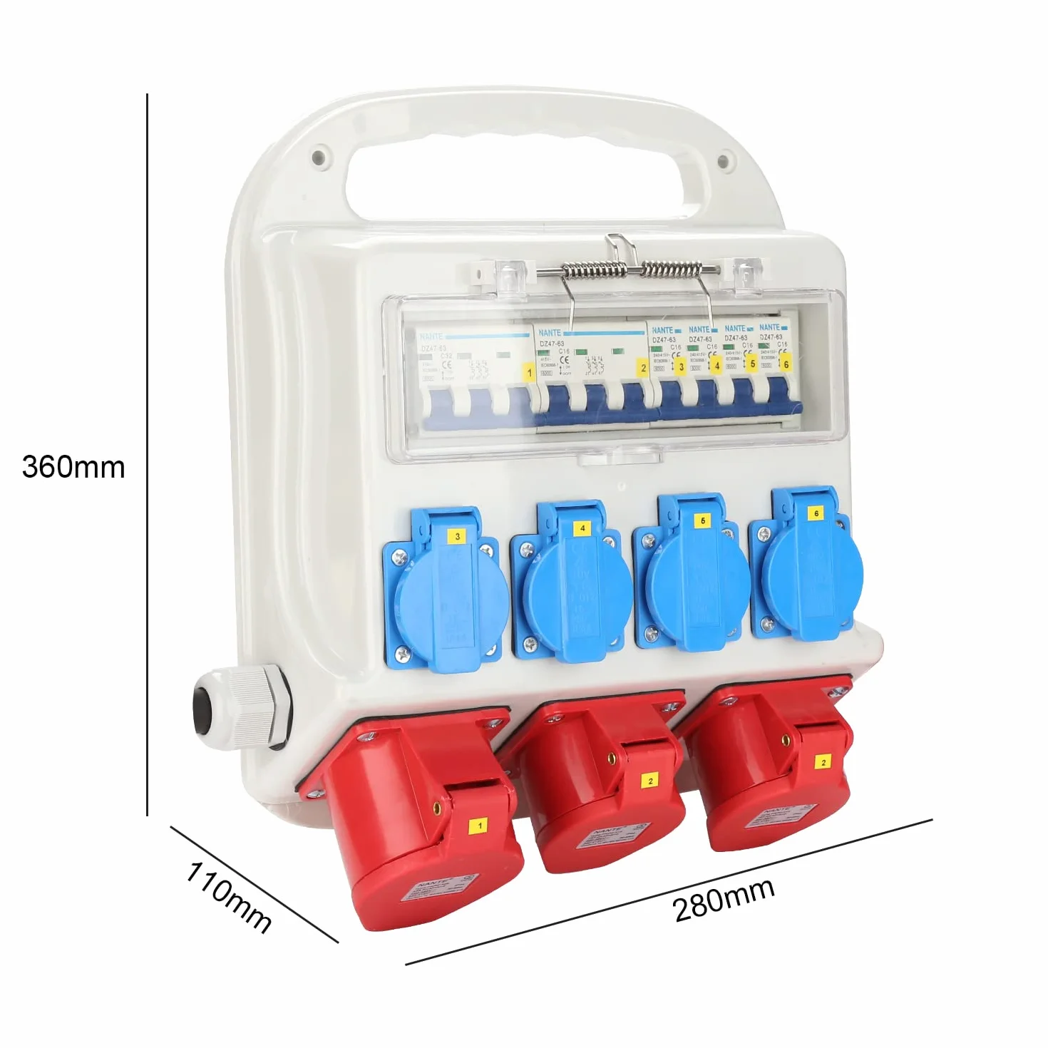 Baustromverteiler 2xCEE 400V/16A 5-polig, 1xCEE 400V/32A 5-polig, 4x230V(Schuko) 2-polig, Wandverteiler Für Baustelle, IP44 wasserdicht, mit FI-Schutzschalter