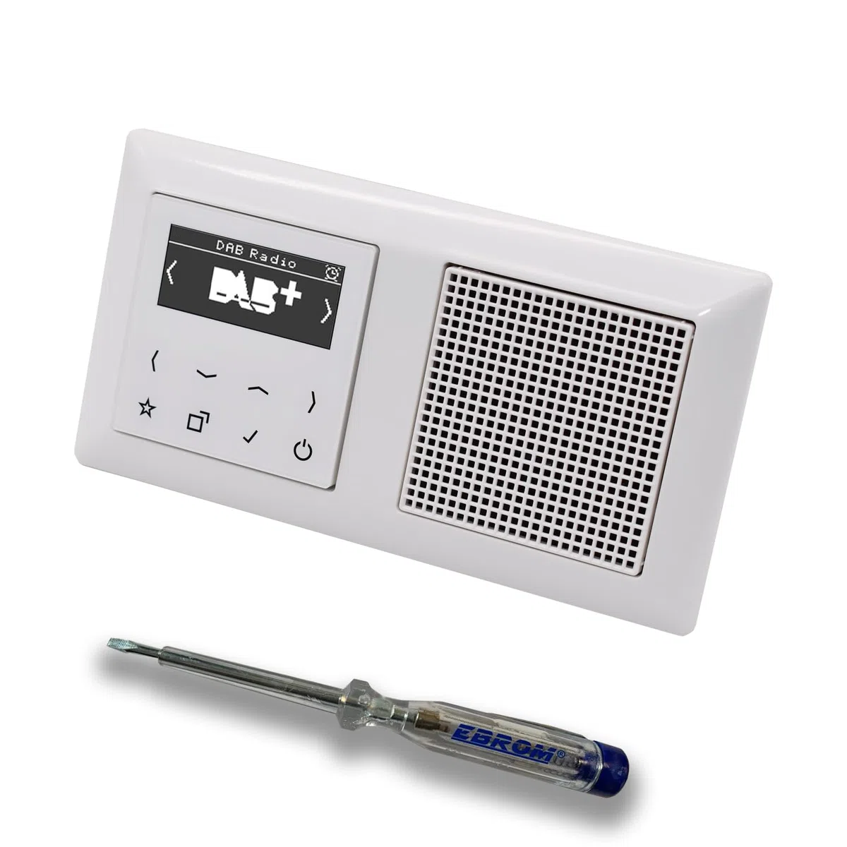 JUNG Smart Radio Unterputzradio DABAWW DAB+ Komplettset mit 2-fach Rahmen im JUNG AS 500 System, Farbe: alpinweiß – passenden Lautsprecher und EBROM Phasenprüfer zur Montage der Geräte