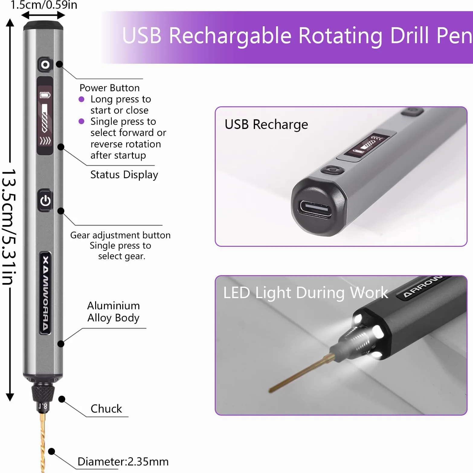 5-Gang-Elektro-Mini-Bohrstift mit Igel-Tischpresse, ARROWMAX 10 kleine Bohrer mit Aluminiumbox, OLED-Display, LED-Leuchten, 3/32 Zoll Schnellspannbohrfutter (SDS ULTRA PlUS)