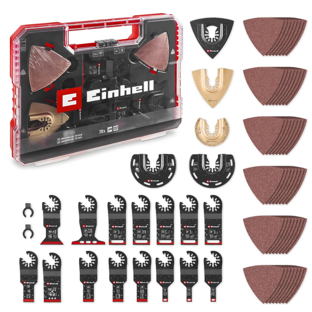 Original Einhell XXL-CASE 70-tlg. Multitool-Set (BiM/CrV-Tauchsägeblätter, HCS/HM/BiM-Halbrund-Sägeblätter, HM-Delta-Raspel, Delta-Trägerplatte, Schleifpapier, Dremel-Adapter)