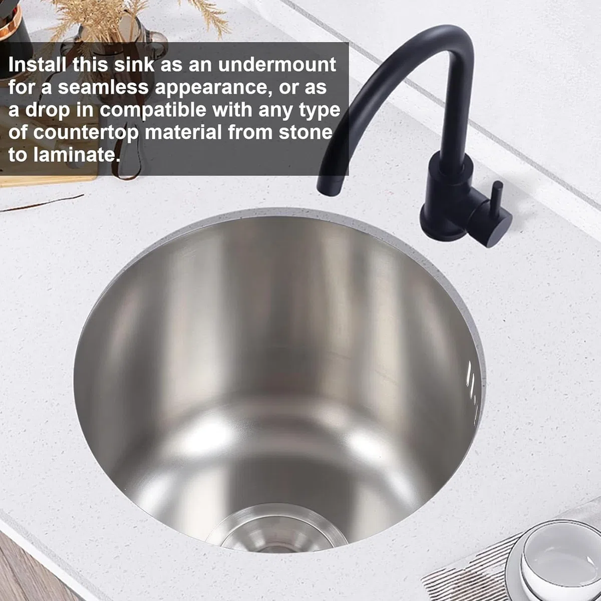 Barspüle aus Edelstahl 304, Gebürstetes Einzelbecken-Küchenspülbecken, 36 Cm Unterbau, Rostfreies Rundes Spülbecken, Anti-Überlauf, Ideal für Küche und Bar
