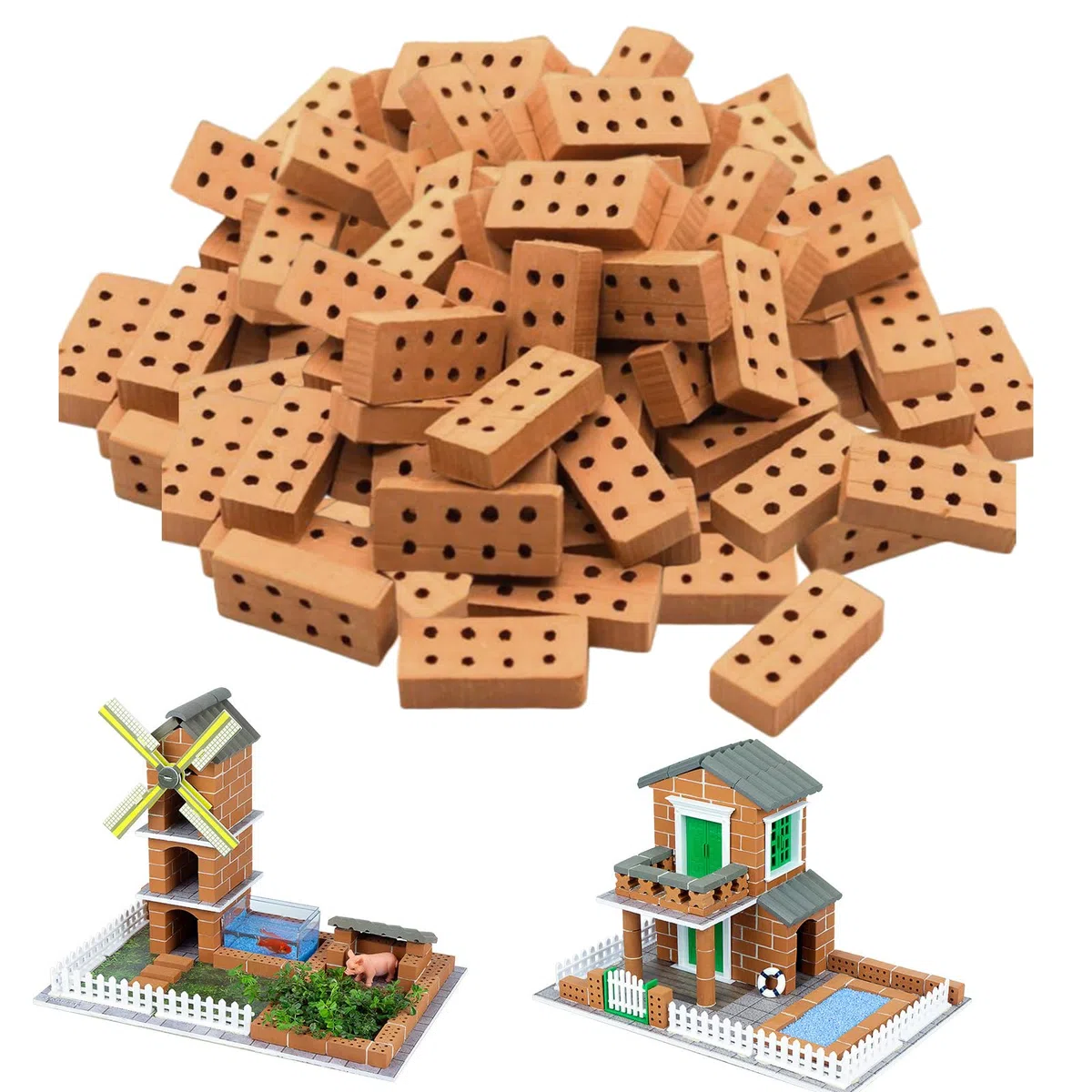 120 Stück Rote Mini Ziegelsteine, Miniatur Ziegelsteine mit 8 Löchern, Ton Modell Ziegel Steine Zum Mauern, für DIY Bauen Puppenhaus Garten Ornament Haus Spielzeug Deko（ 2 X 1 X 0.5cm）