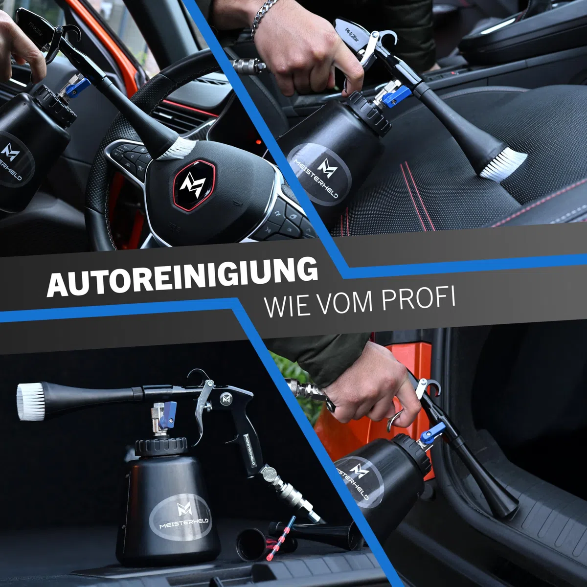 Druckluftreinigungspistole - präziser Trocken- & Nass-Reiniger für Auto, Teppich & Co - Luftdruckpistole mit Wassertank, Bürsten-Aufsatz & Dosierventile