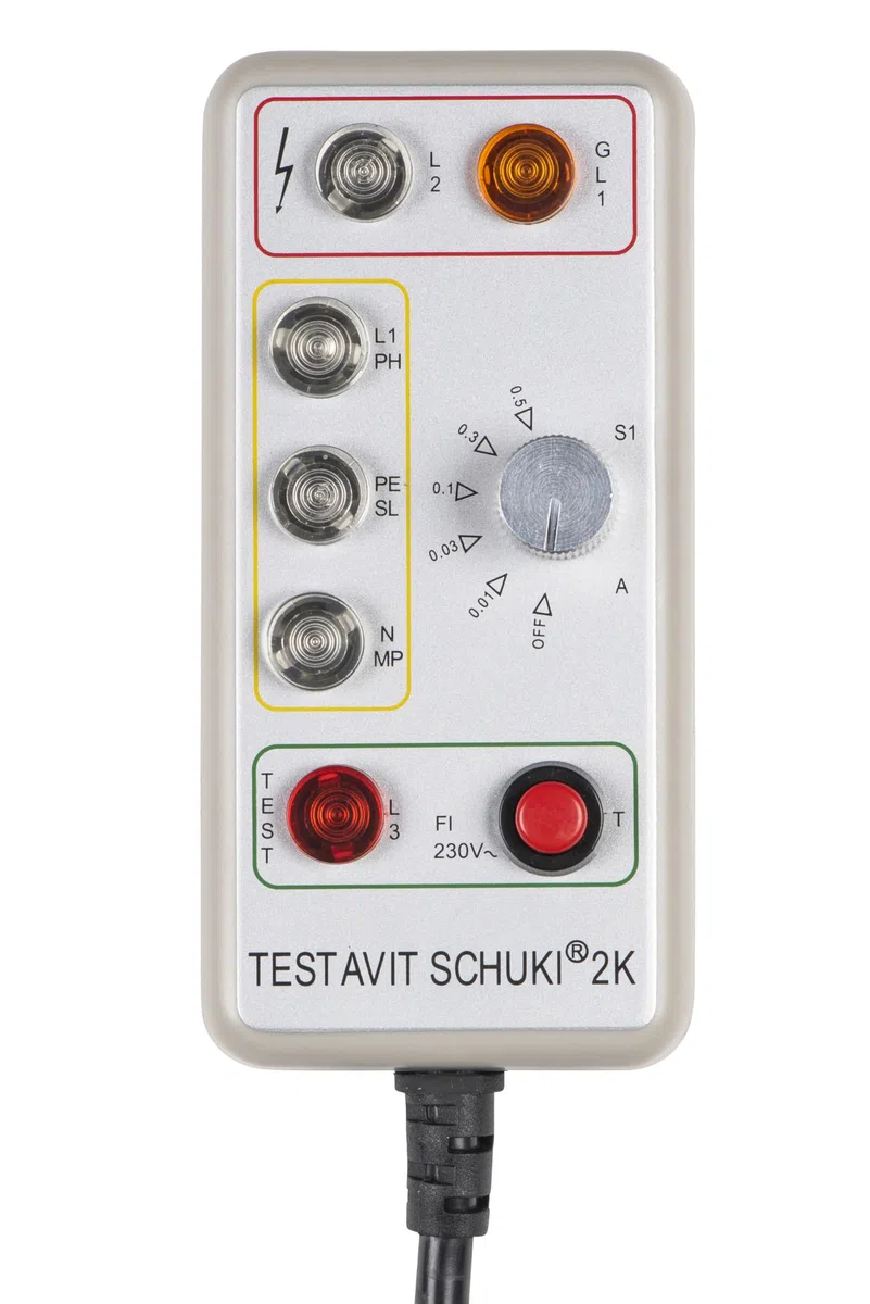 Testavit Schuki 2K Steckdosenprüfgerät mit FI-Test mit einstellbarem Nennfehlerstrom, Elektriker Werkzeug (LED Anzeige, 230 V, sichere Überprüfung), Grau