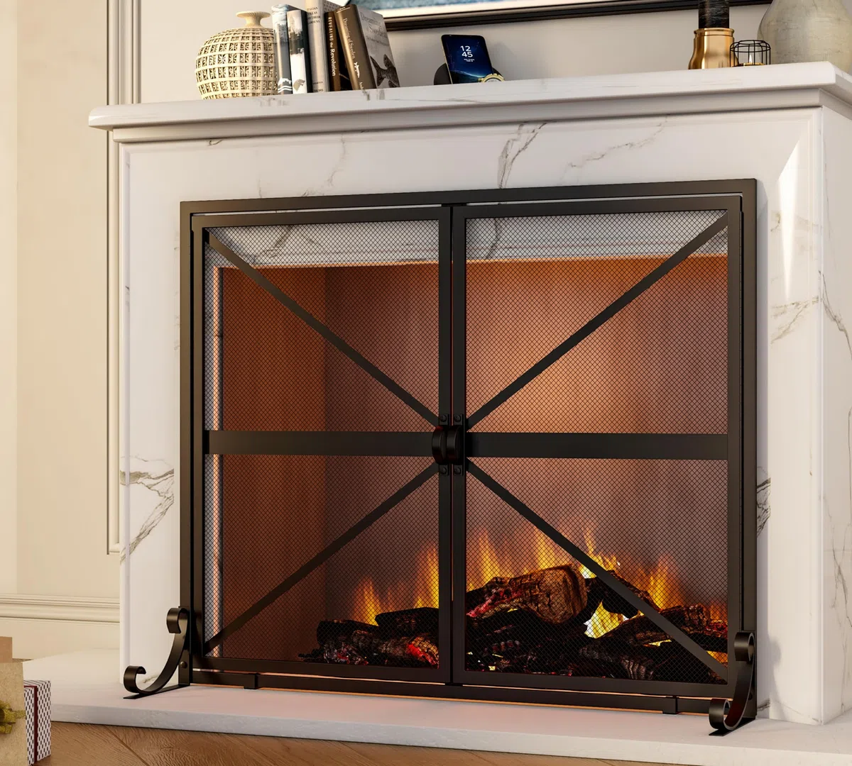 Fire Beauty Kaminschutz mit Türen, 2-teilig, handgefertigt, massives Schmiedeeisen, dekoratives Netz, babysicher, Kaminholz-Ofenzubehör (schwarz)