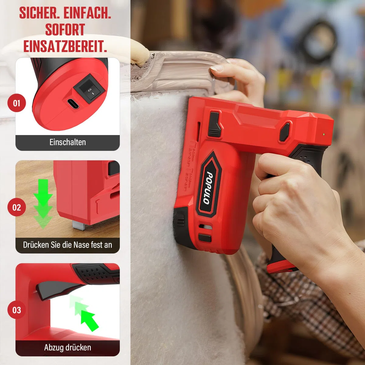 POPULO Akku Tacker, 2-in-1 Lithium-Ionen-Heftgerät, 4V Nagelgerät Set Mit Ladekabel, 1600 Heftklammern & Nägel, Power-Tacker für Bastelarbeiten, DIY und Polsterarbeiten