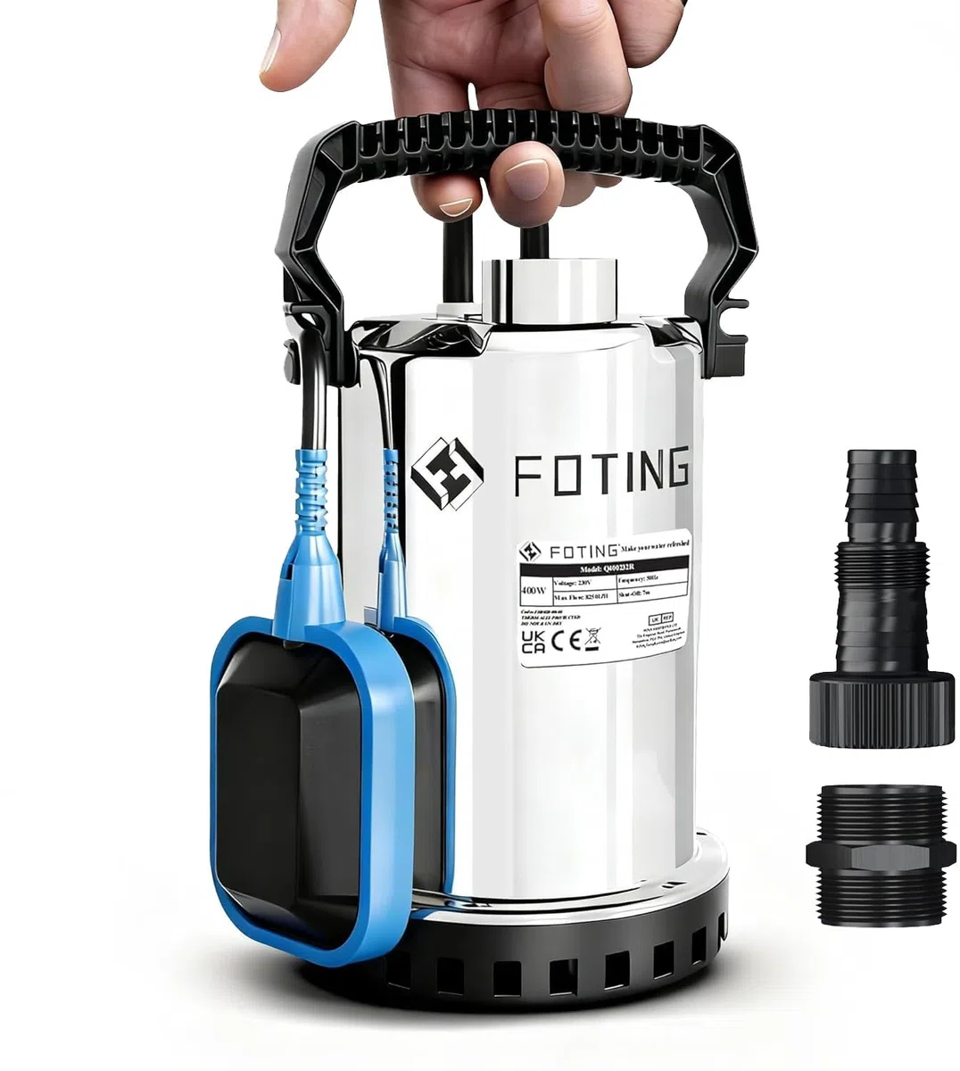 FOTING Edelstahl Tauchpumpe 400W 8250 l/h, Förderhöhe max 6.5m, Eintauchtiefe max 7m, Noryllaufrad, 10m Anschlusskabel, einstellbarer Schwimmerschalter, Portable Sump for Pool Draining