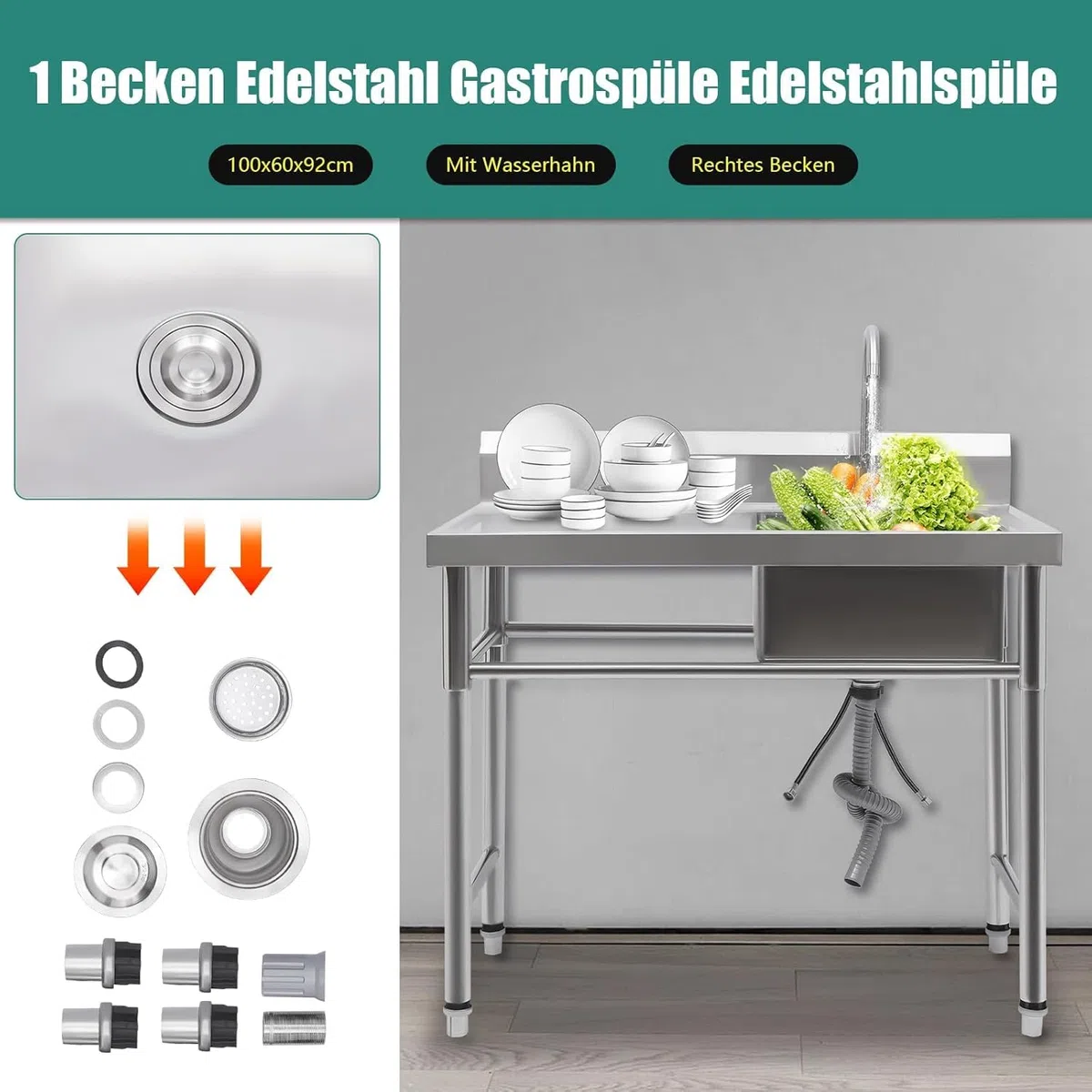 Küchenspüle,Spülbecken 1 Becken Rechts Spültisch Gastrospüle Spülbecken Edelstahlspüle Gastro Gastronomie Spüle Arbeitstisch Waschbecken Edelstahl,100cmx60cm