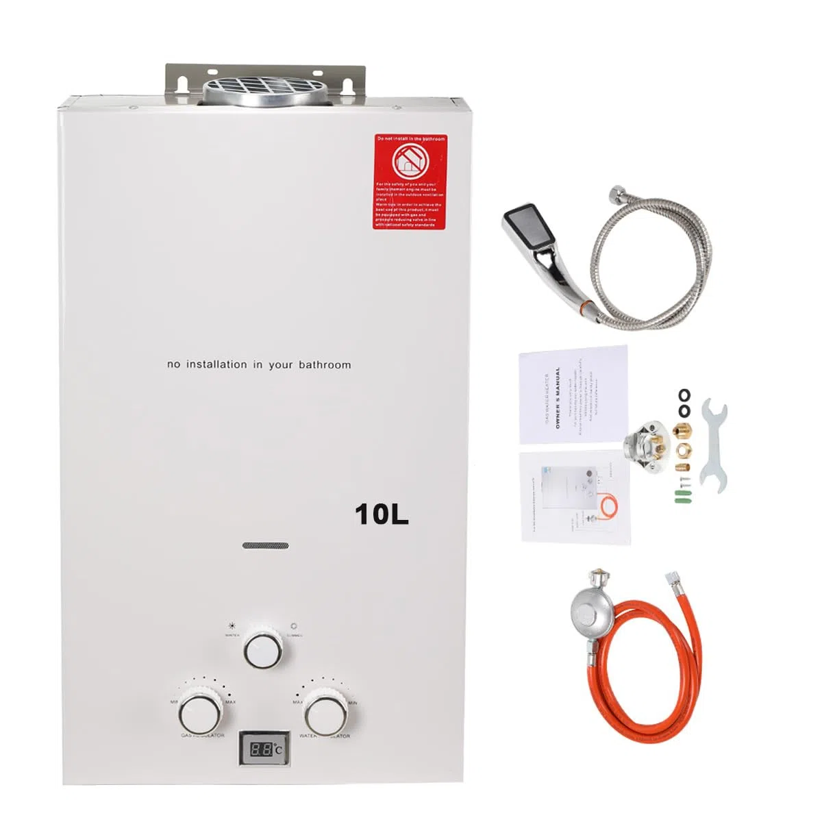 10L 20KW Tragbarer Gas Durchlauferhitzer Propangas Campingdusche mit Gasdruckminderer, für Dusche im Außenbereich Warmwasser Camping Dusche LPG Warmwasserbereiter Warmwasser Tankless Instant