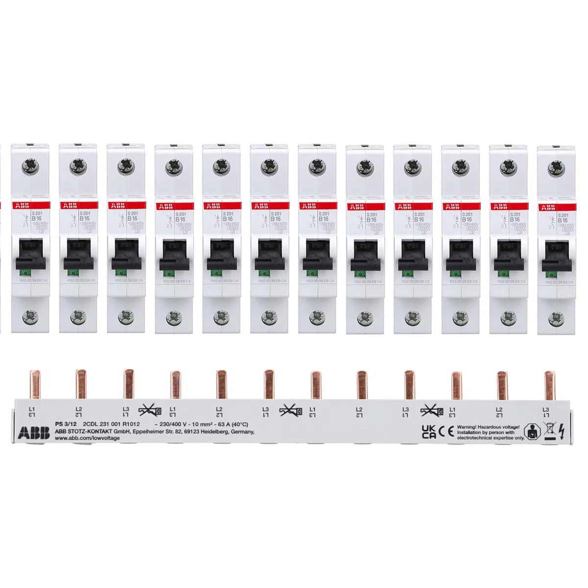 ABB Set 12x Leitungsschutzschalter S201-B16 + 1x PS3/12 Phasenschiene 3-polig
