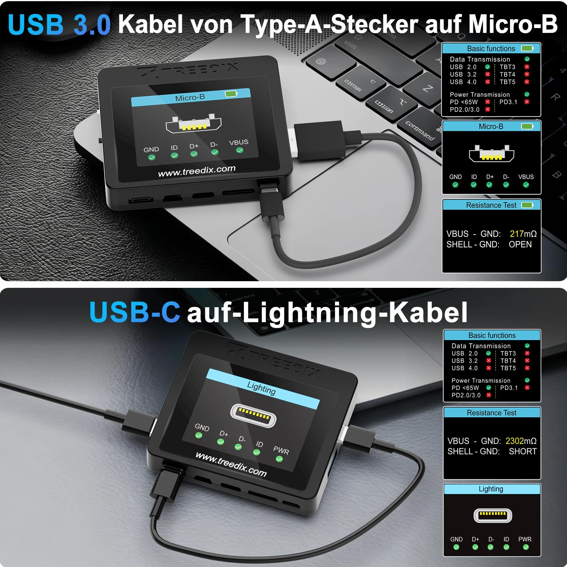 Treedix USB-Kabeltester, 2,4-Zoll-Farbdisplay USB-C-Kabeltester,USB-Tester unterstützt Kabeltests, Widerstandstests, Type-C eMarker für Lightning, Micro-B 2.0, Micro-B 3.0, Type-C, Mini-B