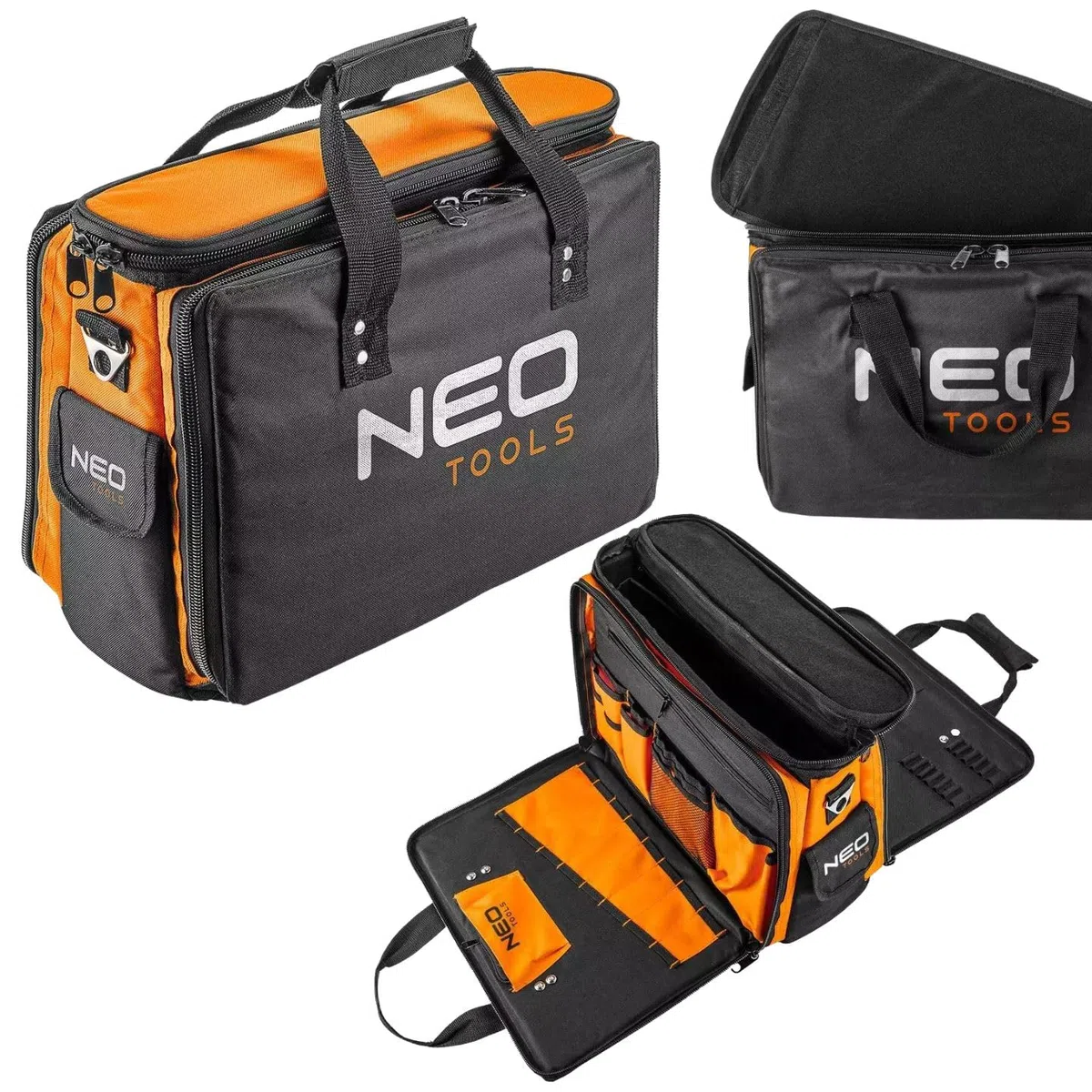 NEO TOOLS Werkzeugtasche Monteurtasche Polyester 600D, 17 Innentaschen, 2 Außentaschen, starre Bauweise, drei Hauptinnenfächer, verstärkte Reißverschlüsse 43.5 x 33 x 20 cm
