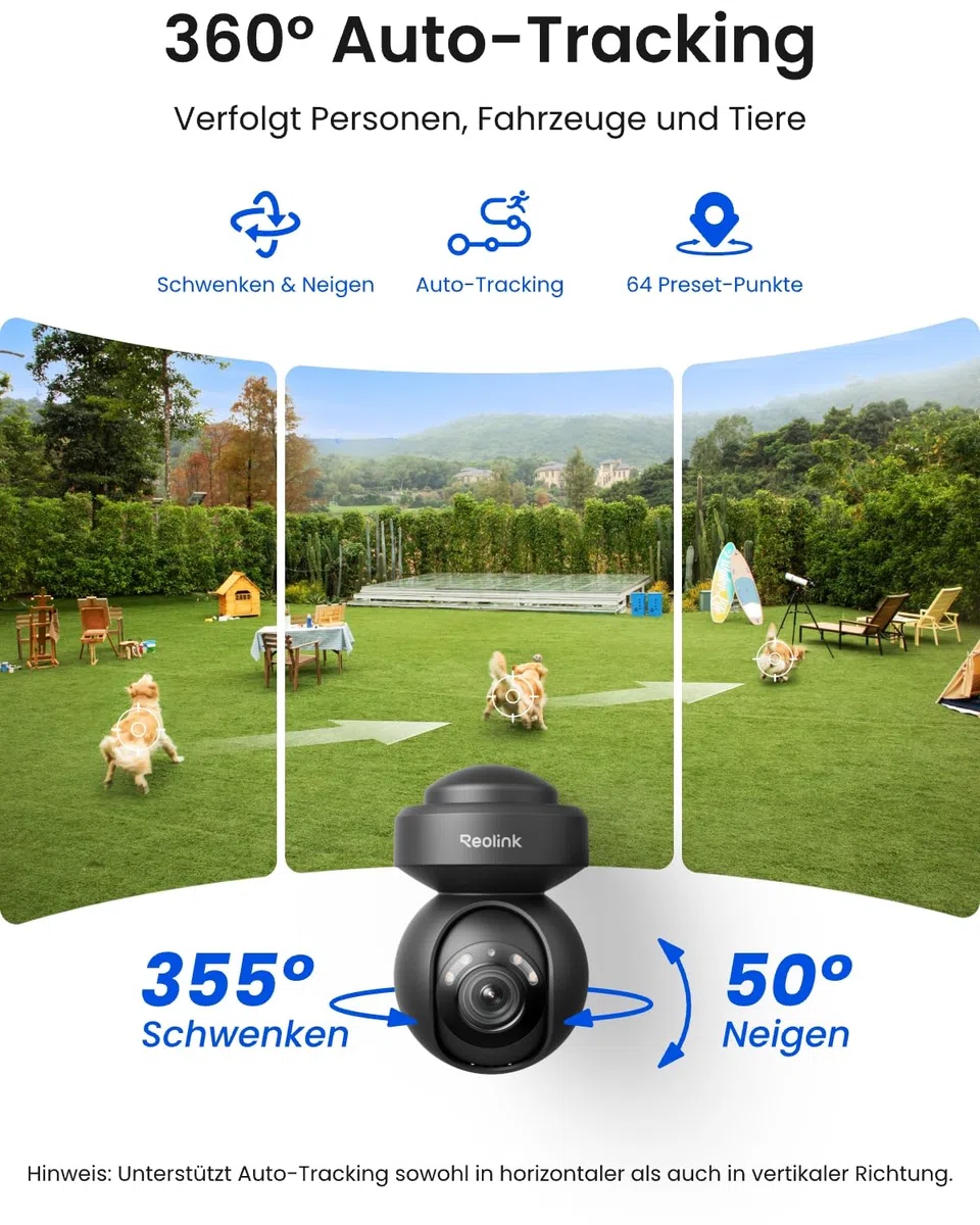 Reolink 5MP PTZ Überwachungskamera Aussen WLAN, 3X Optischer Zoom, 2,4/5GHz WLAN Kamera Outdoor mit Automatischer Verfolgung, Personen-/Fahrzeugerkennung, Vollfarb-Nachtsicht, E1 Outdoor Schwarz