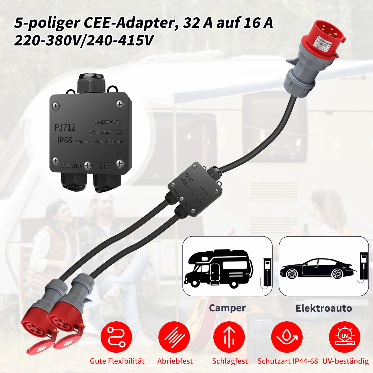 Starkstrom CEE Adapter 32A auf 16A, 2 x CEE Stecker 230V 16A 5-polig, Verlängerungskabel IP44-68, Starkstromverteiler für Camping Außenbereich Industrie Baustelle Werkstatt-1.5M