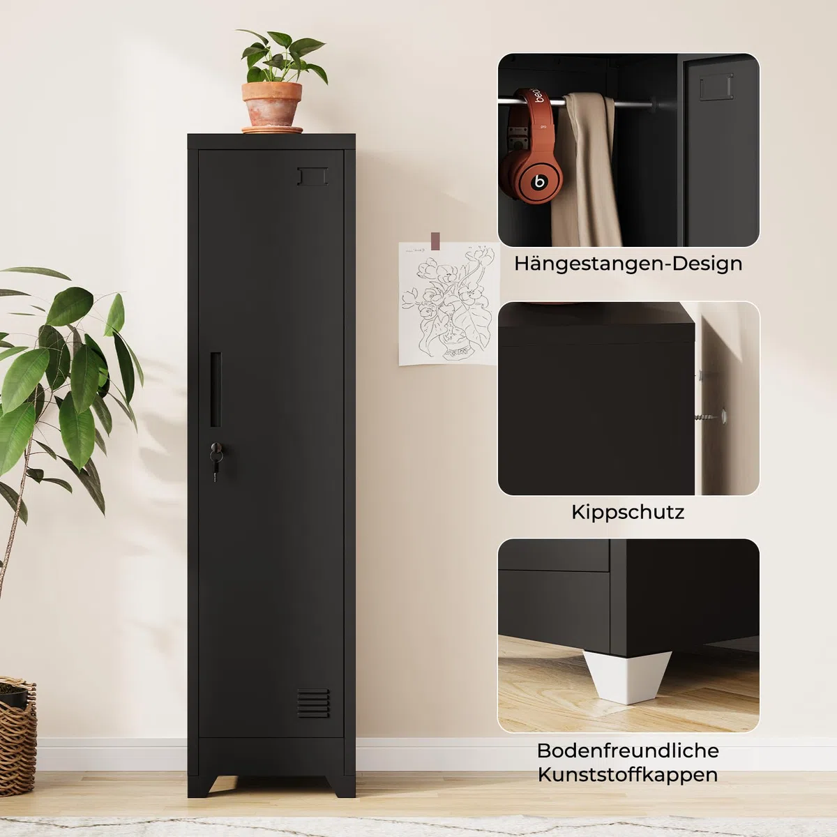 Dripex Metallschrank mit Hängestange, Stahlschrank Aktenschrank abschließbar Aufbewahrungsschrank Mehrzweckschrank Stahlspind für Schule Haus Büro Garag, Schwarz, 150 x 38 x 38 cm