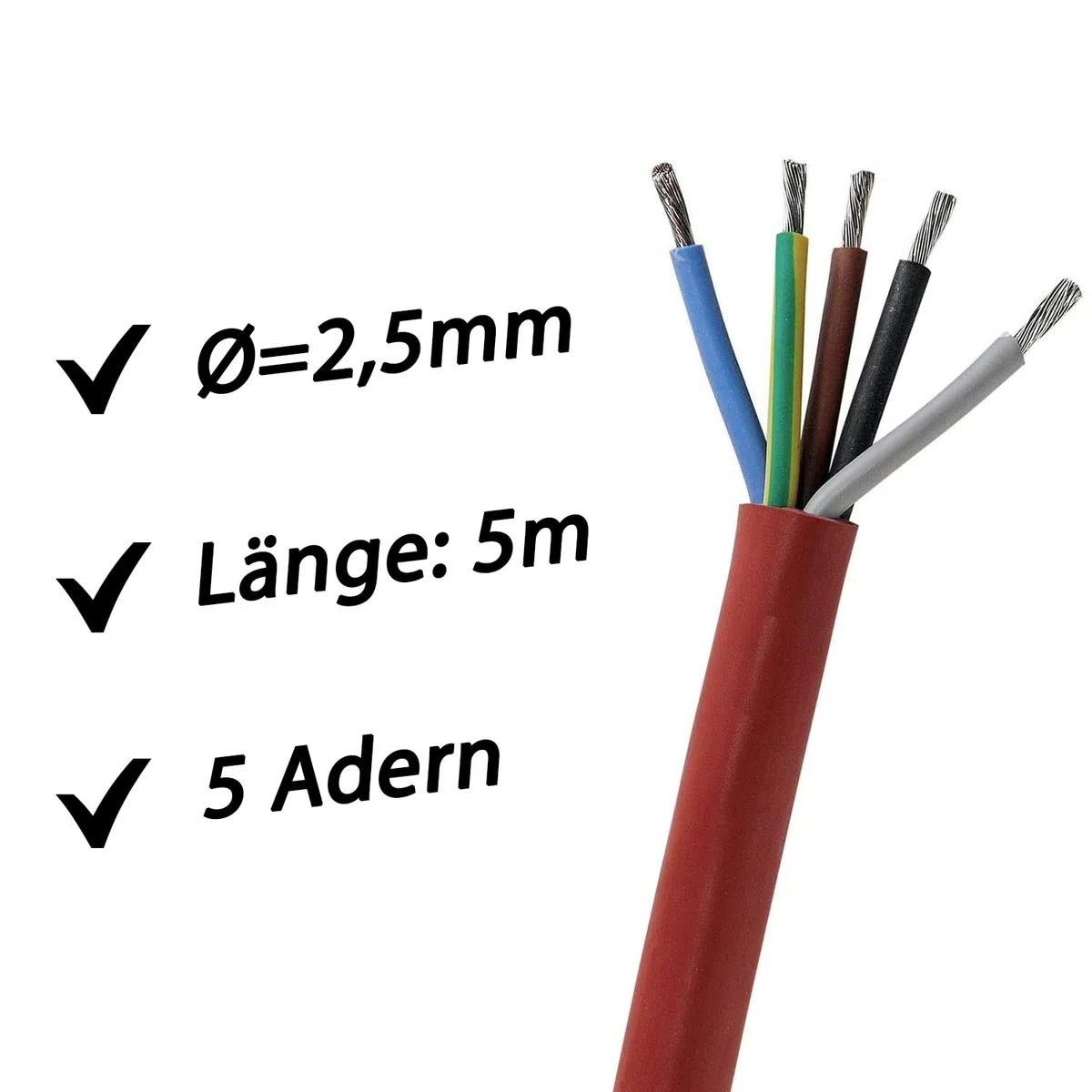 Silikonkabel 5x2,5 mm² SiHF-J Hitzebeständig Saunakabel -60°C bis +180°C
