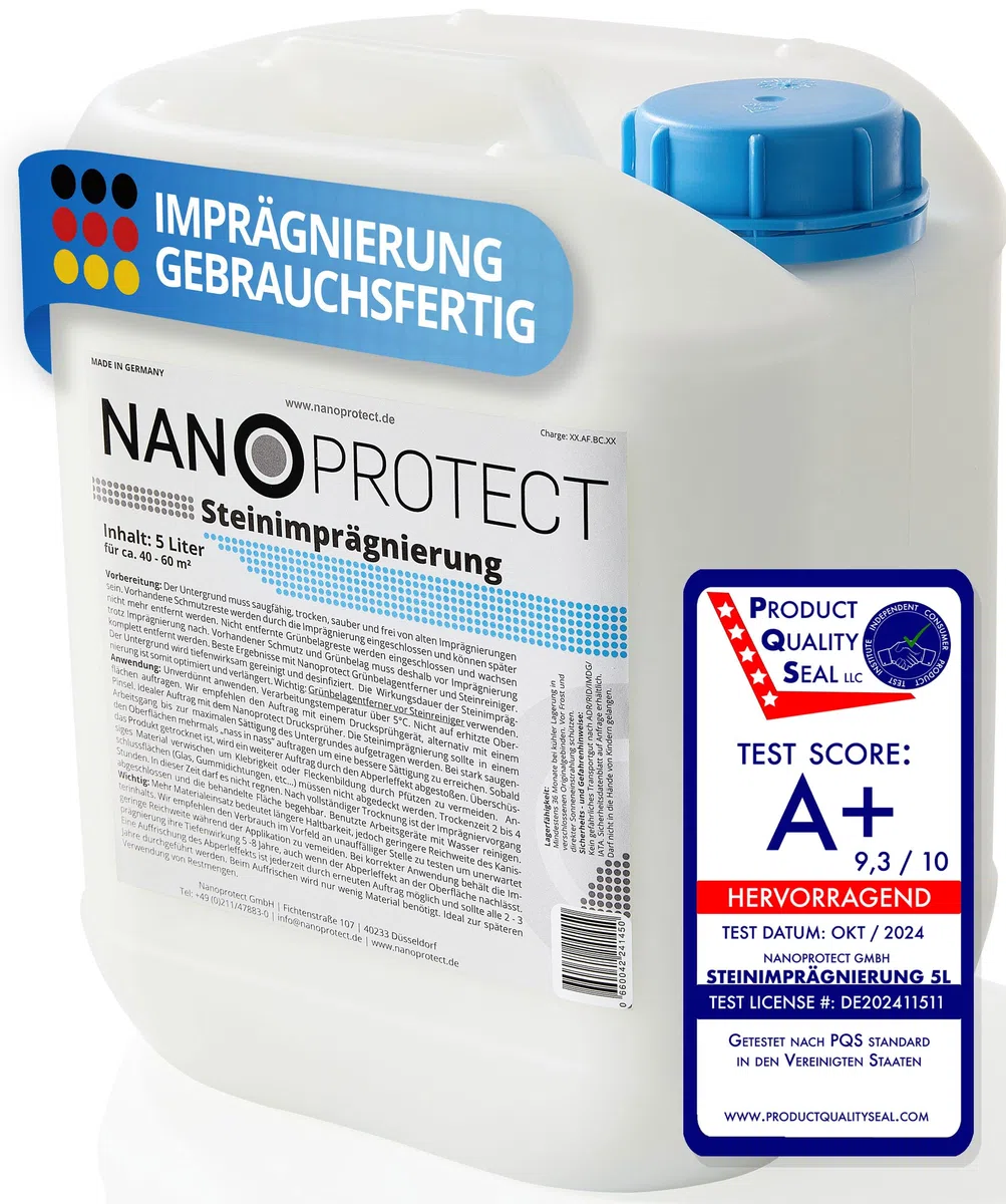 Nanoprotect Steinimprägnierung | 5 L für ca. 40 – 60 m² | Vorbeugend gegen Grünbelag und Einschmutzung | Ideal für Pflastersteine, Beton und Fassaden | Profi Qualität