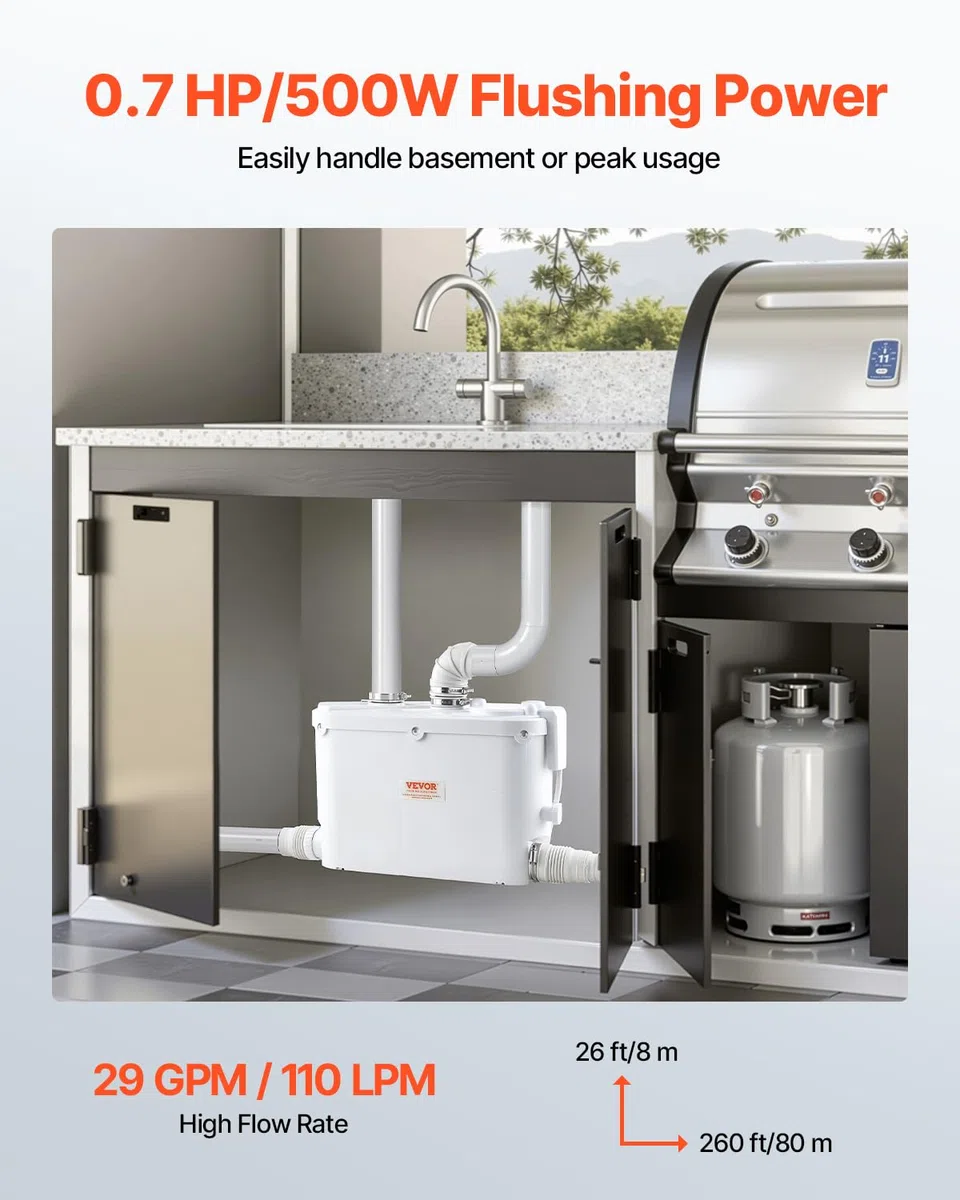 VEVOR Hebeanlage, 500 W, 110 L/min Durchfluss, 8 m Förderhöhe, Schmutzwasserpumpe mit 4 Wassereinlässen, Abwasserhebeanlage für Küche, Keller, Dusche, Waschbecken, Waschküche, Badewanne