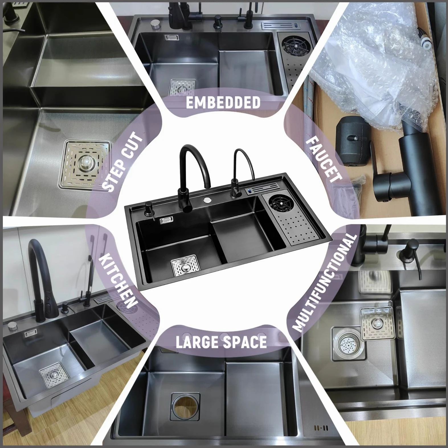 86x50cm Schwarze Küchenspüle, Bar Spüle Aus Edelstahl Mit Ausziehbarem Wasserhahn, 1 Becken Bauernhausspüle Mit Einzelbecken, Mit Tassenspüler, Seifenspender Und Komplettem Abflussset