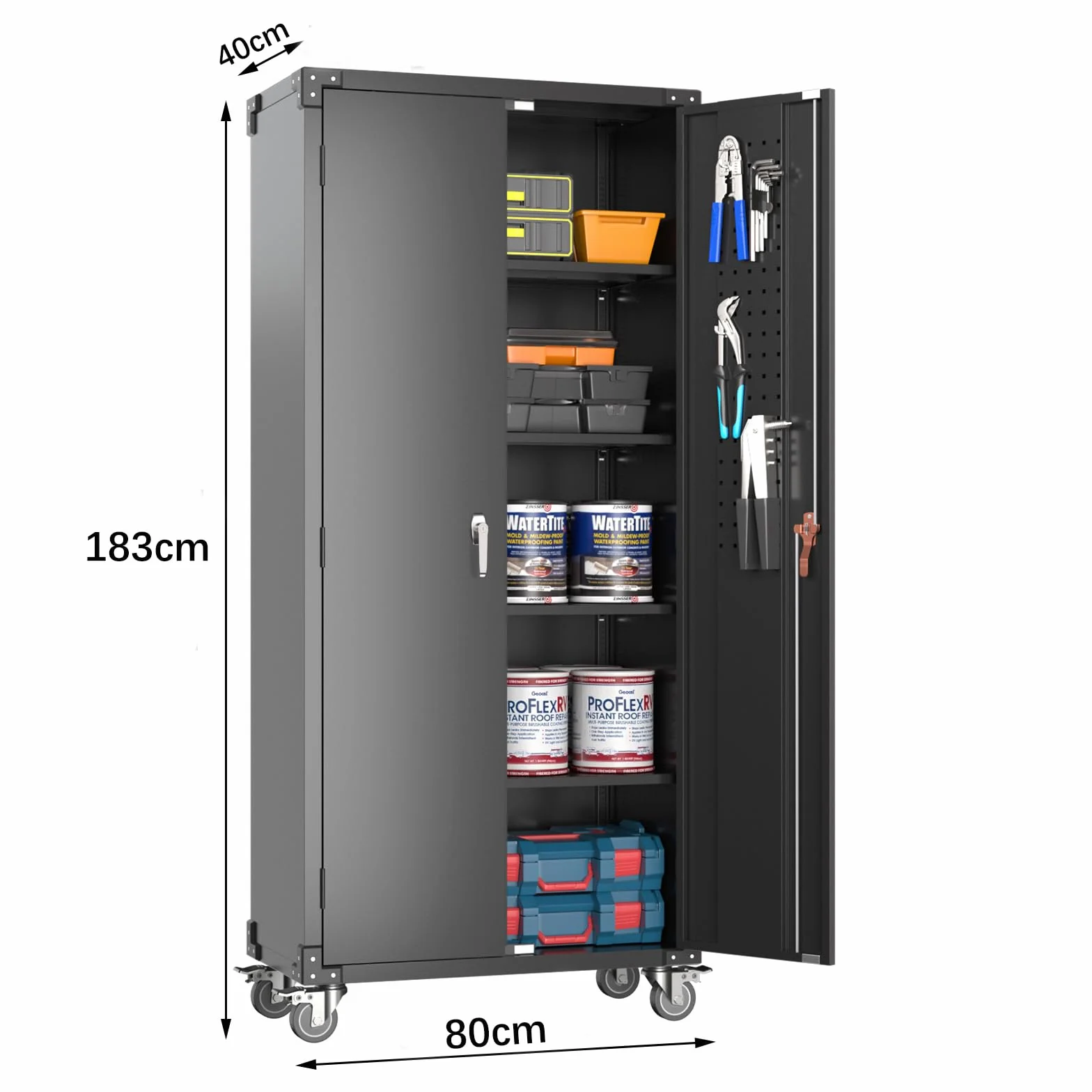 SUPEER Metallschrank mit Pegboard und Abschließbare Räder, 4 höhenverstellbaren Fachböden,Stahlblech Pulverbeschichtung,Stahlschrank Abschließbar für Werkzeuge,Garage183 x 80 x 40 cm（schwarz）