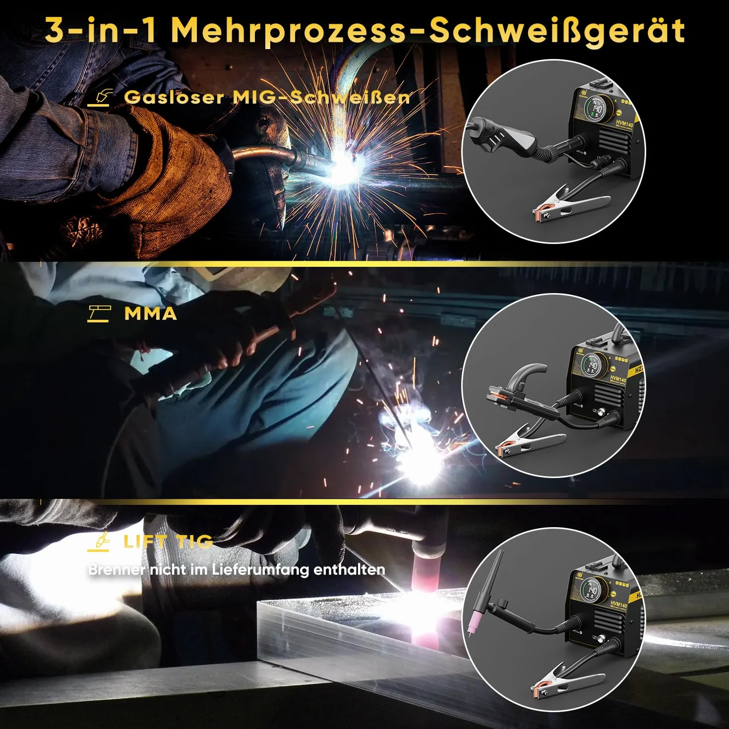 H HZXVOGEN 140A MIG-Schweißgerät, 230V Fülldraht-MIG/Lift-TIG/Elektroden-Schweißgerät 3 in 1 mit Synergic, IGBT Inverter Tragbares gasloses MIG-Schweißgerät MIG-Schweißgerät für Anfänger (HVM140)