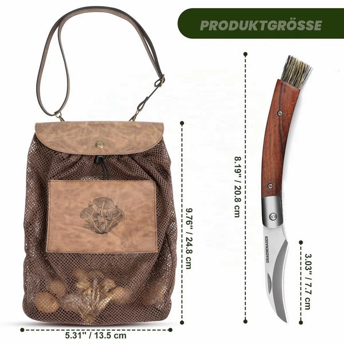 DRACHENADER Pilzmesser & Pilzkorb, Schwammerlmesser mit Bürste/Pinsel (Integriert), Liner Lock, §42a konform, Atmungsaktive, Faltbare Pilztasche mit Netz, Verstellbarem Schultergurt