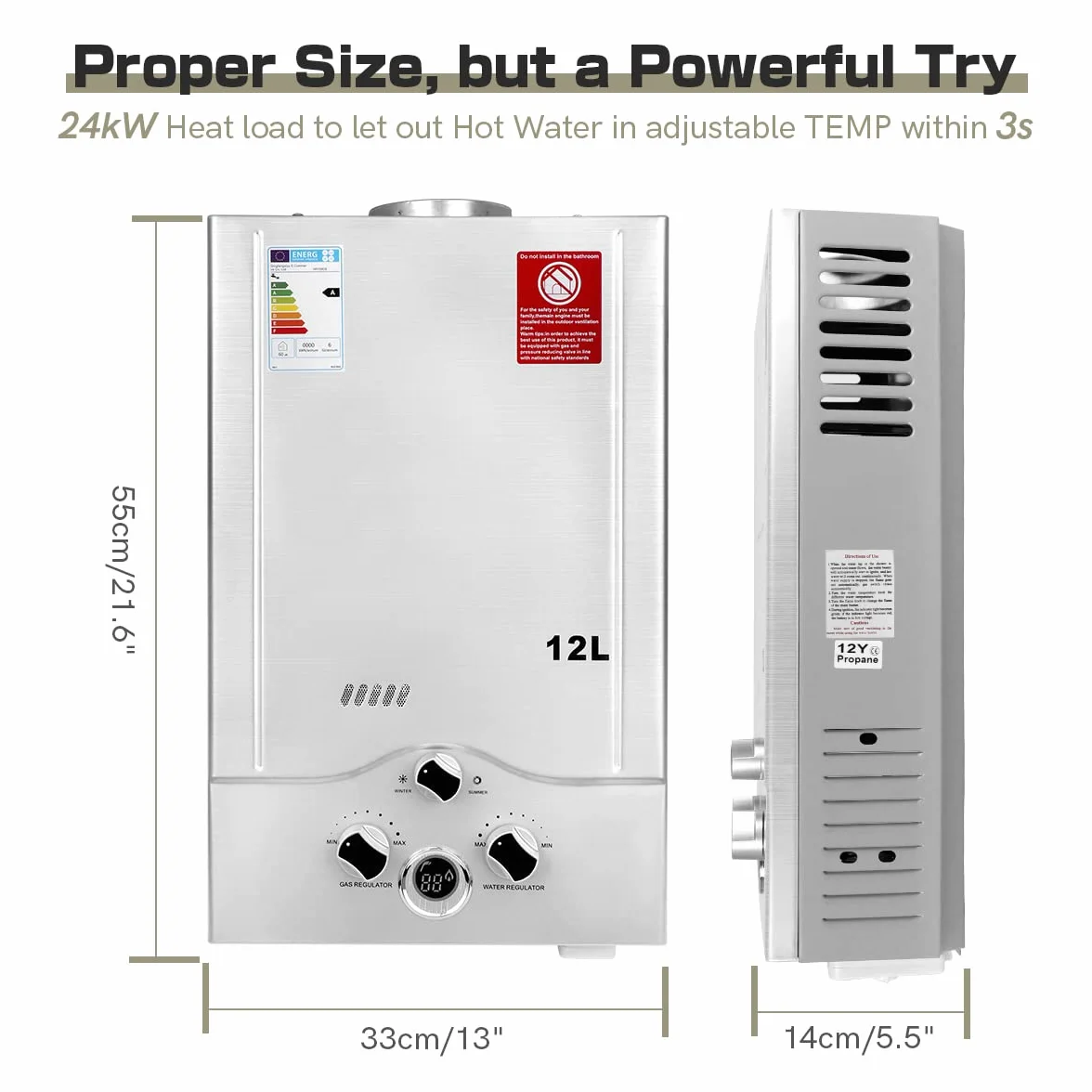 12LPM Gasdurchlauferhitzer,24KW LPG Durchlauferhitzer mit Super Niedrigem 0,2 bar Startwasserdruck,für Zuhause,Wohnmobile,Kabinen,Scheunen,Geeignet für Propan & Butan Silber
