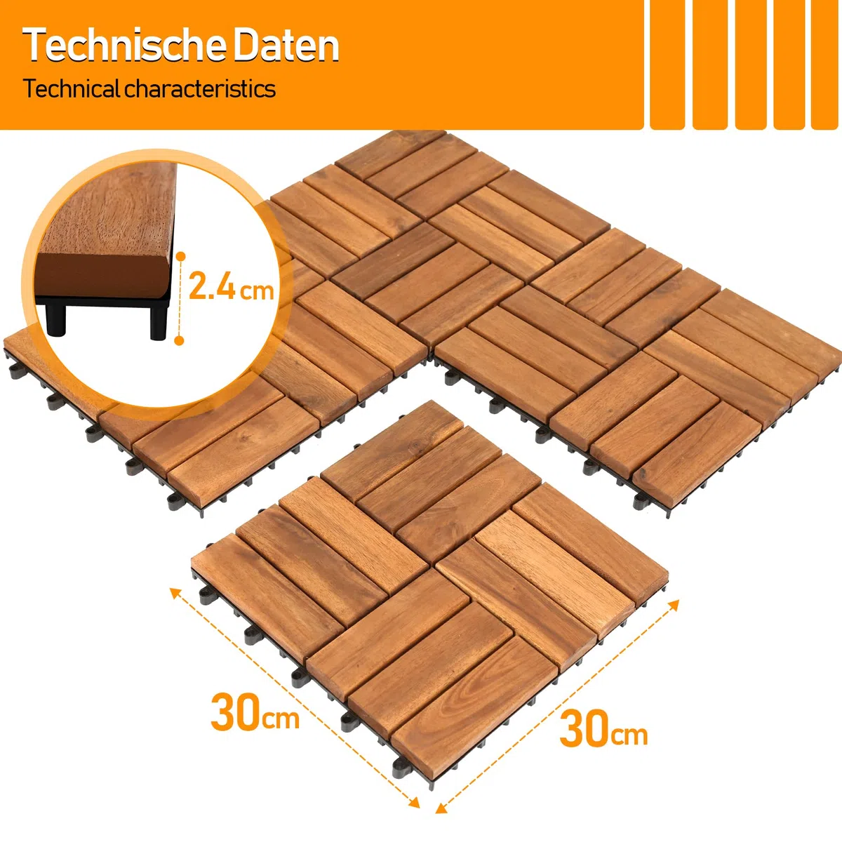 Herrselsam Holzfliesen Terrassenfliesen, 30x30 cm Holzfliesen aus Akazien Holz, 12 Latten Fliese 1m², Bodenfliesen geeignet als Terrassenfliesen und Balkonfliesen(11 Stück)
