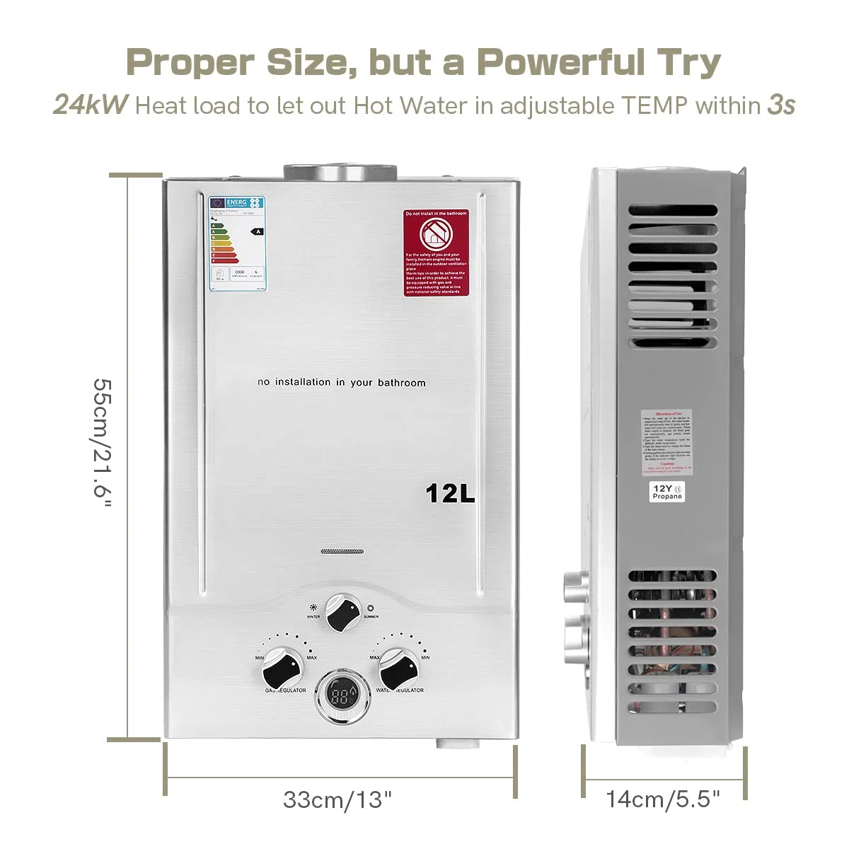 12LPM Gas Durchlauferhitzer, 24KW LPG Durchlauferhitzer mit Niedrigsten Verfügbaren Wasserdruck von 0,2 bar, Geeignet für Propan & Butan, für Zuhause, Wohnmobile, Kabinen, Scheunen
