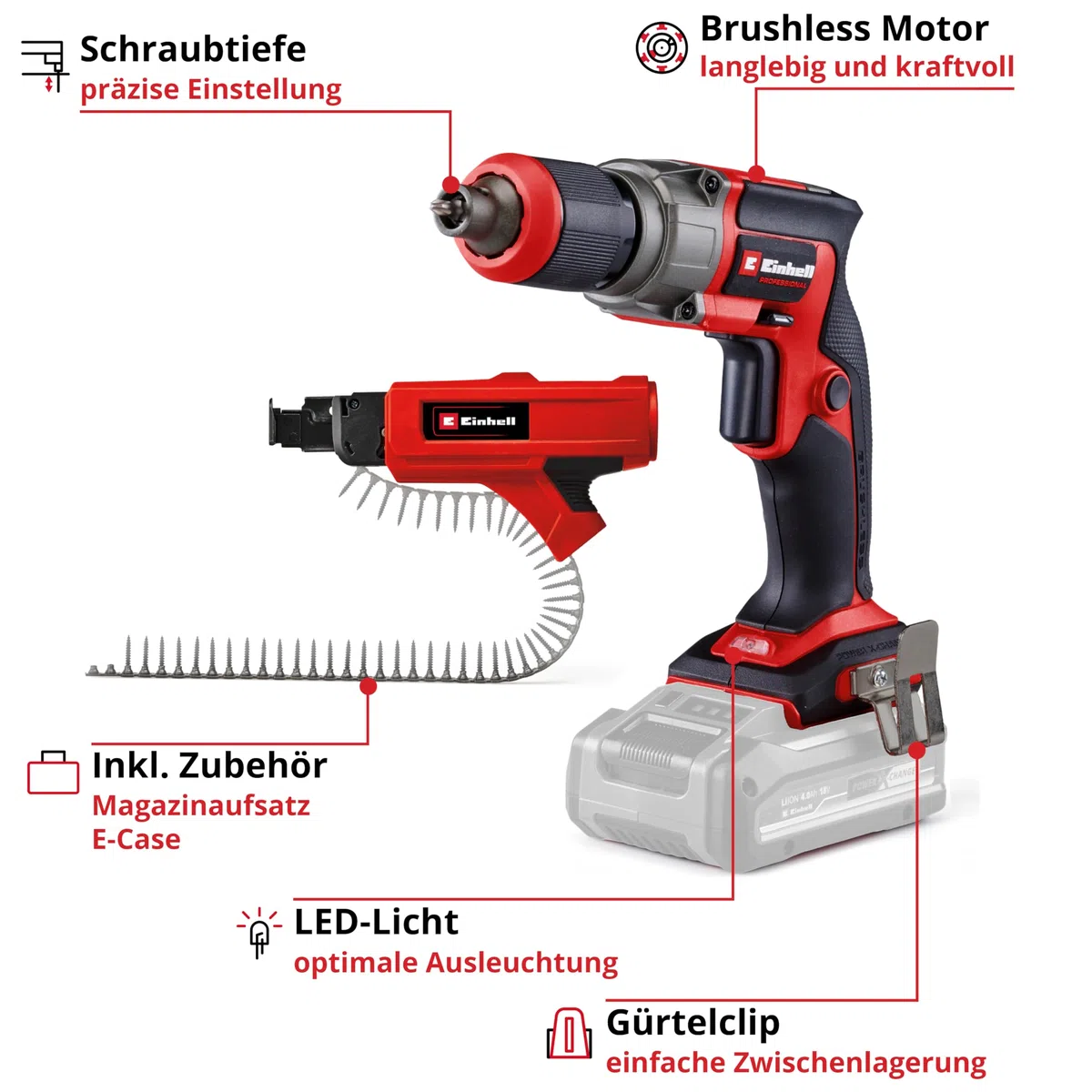 Einhell Professional Akku-Trockenbauschrauber TP-DY 18 Li BL + Magazine Power X-Change (18 V, Brushless, Tiefenanschlag, inkl. Magazinaufsatz, 2x Bit, E-Case, ohne Akku) Battery Powered, red