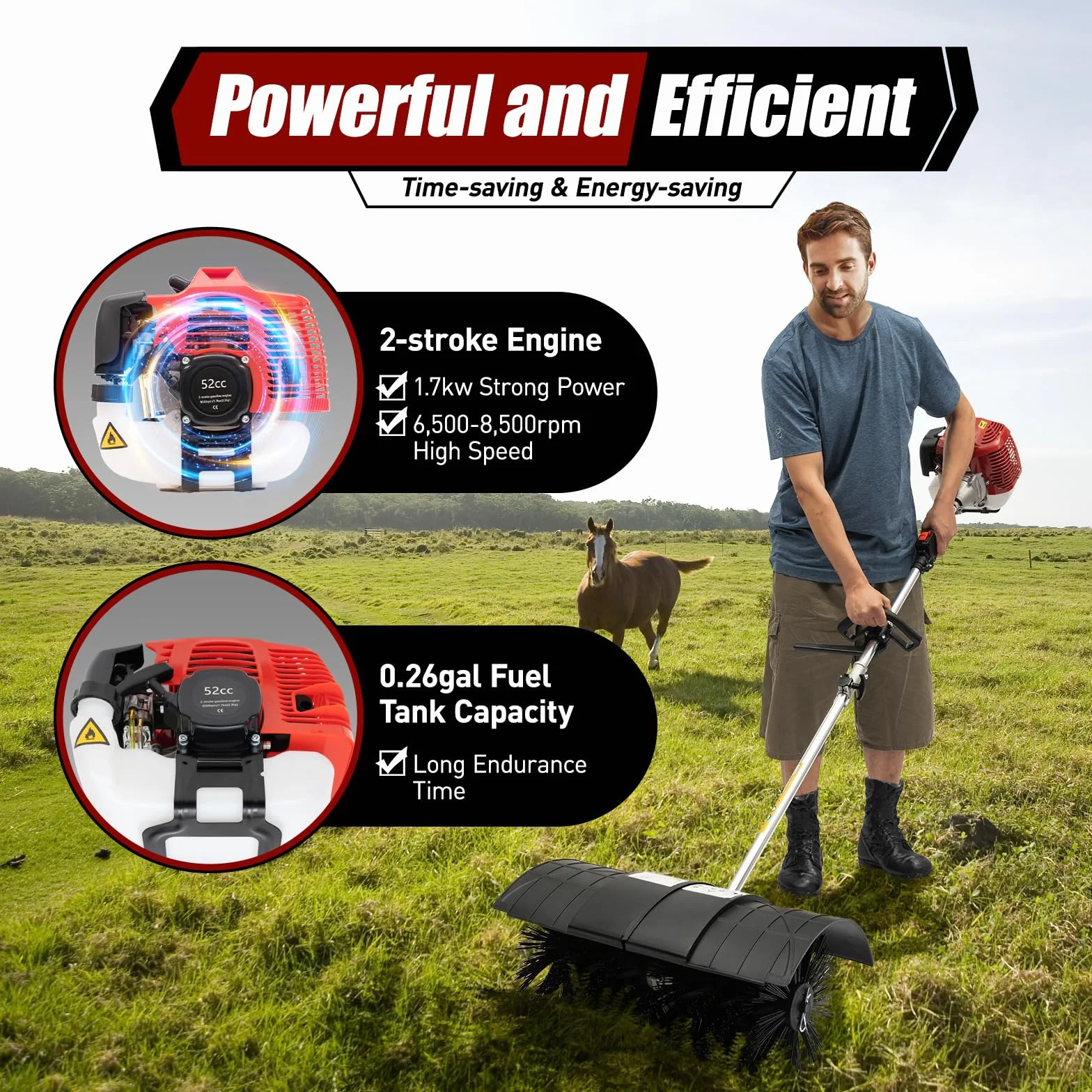 52CC Kehrmaschine Benzin, 2-Takt Motorbesen Kehrbesen Benzin mit 56cm Bürstenbreite, 1.7kW Schneeräume, 2.3 PS Luftgekühlt Schneeräumer, Handheld Schneeschieber für Draußen