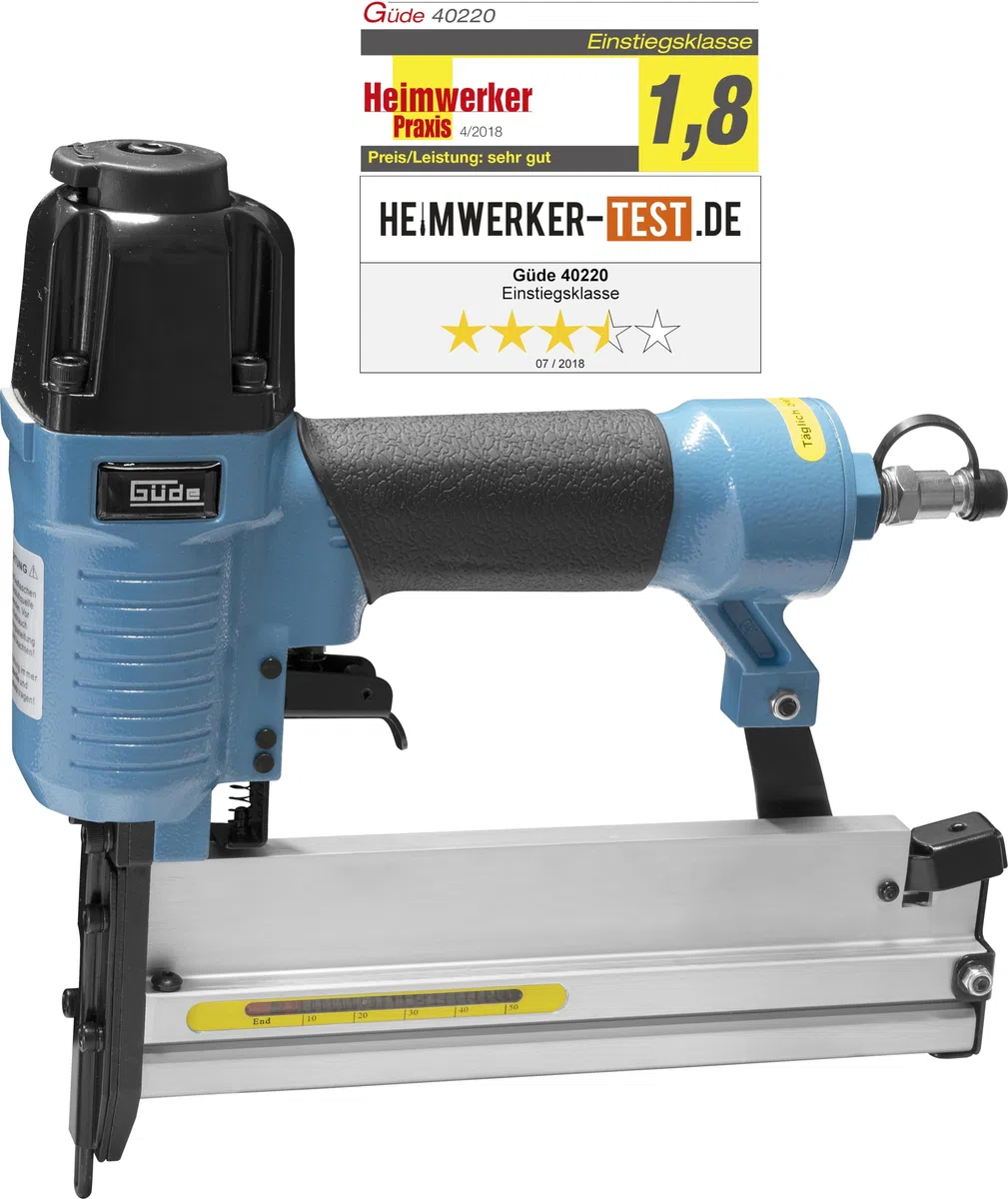 Güde Druckluft-Klammergerät/Nagler (max. 6 bar, Test GUT - SEHR GUT, Tiefenkontrollrad, Sicherheitsschlagsperre, inkl. 1500 Klammern (20/32/40 mm) & 2000 Stifte (25/40 mm), Ölflasche, Tragekoffer)